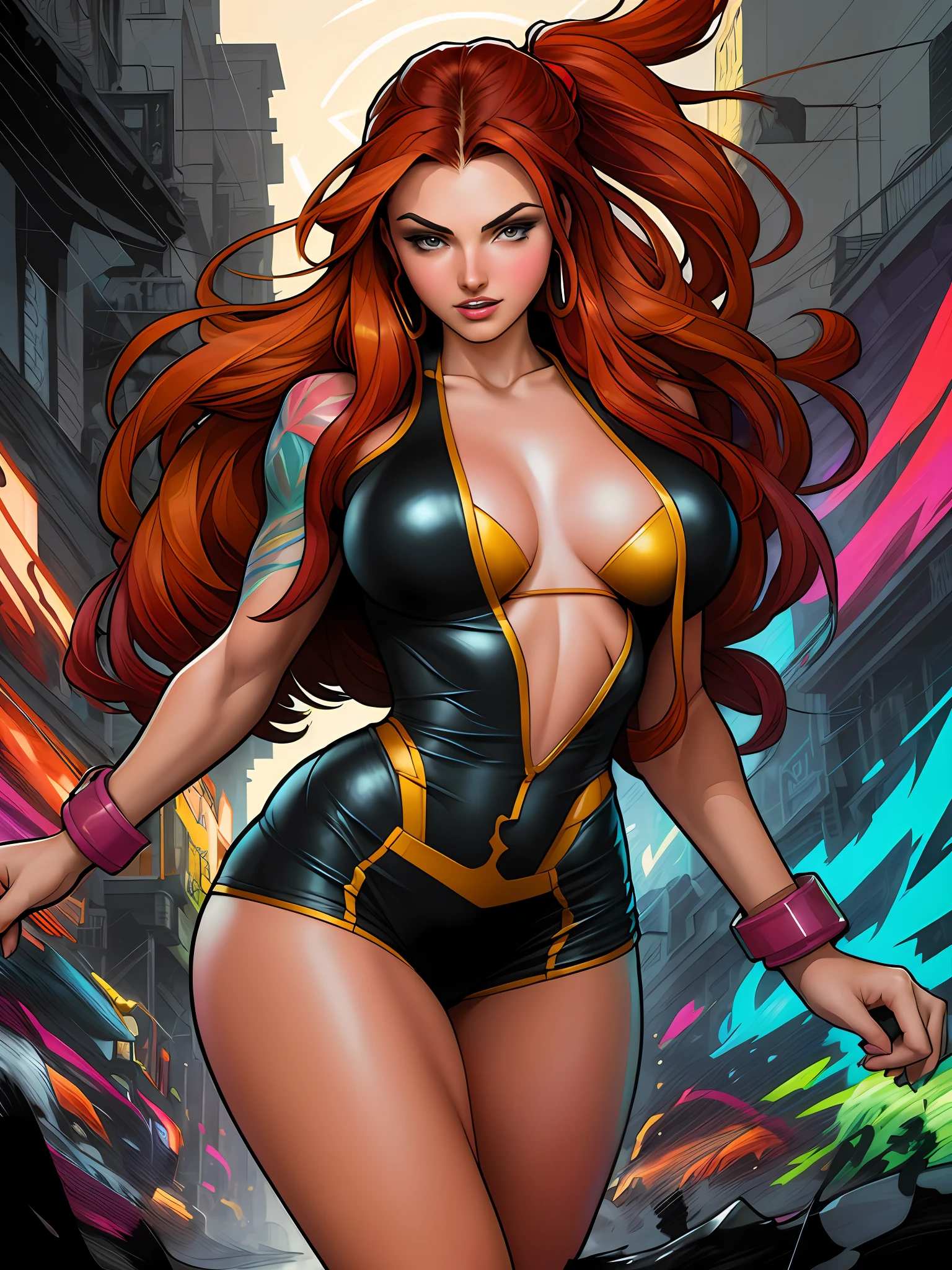 :: Joe Madureira ::2.0 Comix illustration style, Tatoon style, comic book style, Phoebe Tonkin Beautiful woman with ultra detailed long hair, (beautiful and clear background: 1.2),, fantastic paintings, graffiti style apocalyptic woman, Ashley Alexiss dressed with black electric ribbon, central face, dress with black electric ribbon, anime :: Jason Fabok and Yoji Shinkawa style :: 2.0 Comix illustration style,  tatoon style, comic book style, beautiful woman with ultra detailed long hair, (beautiful and clear background: 1.2), , fantastic paintings, HDR GRADIENT graffit style, flowers, highly detailed eyes, a t-shirt or dress with a white blouse underneath, position and bracelets, with long gradient red hair, HDR colored stained glass, out, vibrant, alphonse mucha style, fantastic paintings by joe madureira,  high quality, --AR 3:4 --upbeta --test --creative --upbeta --upbeta --upbeta --upbeta --upbeta , photo, banksy sticker art, beautiful woman with long red hair, freedom, soul, digital illustration, comic style, perfect anatomy, centered, approaching perfection, dynamic, highly detailed, watercolor painting, artstation, concept art, smooth, sharp focus, illustration, art by meat griffiths and wadim kashin, , , short pastel hair RED ,  heterochromia, perfect anatomy, centered, approaching perfection, dynamic, highly detailed, character sheet, artstation, concept art, smooth, sharp focus, illustration, art by Kim Jung Gi, , Artgerm, Carne Griffiths and Wadim Kashin, Sasha Yakovleva, Loish, Jeremy Mann, Full Body Shot, Character Sheet, Lightning Wave, Beautiful Anime Watercolor Painting, Dripping Paint by Tim Okamura,  Victor Nizovtsev, Greg Rutkowski, Noah Bradley. Trend in Artstation, 8K, masterpiece, graffiti ink, fine detail, full of color, intricate detail, golden aspect ratio illustration, monochrome background