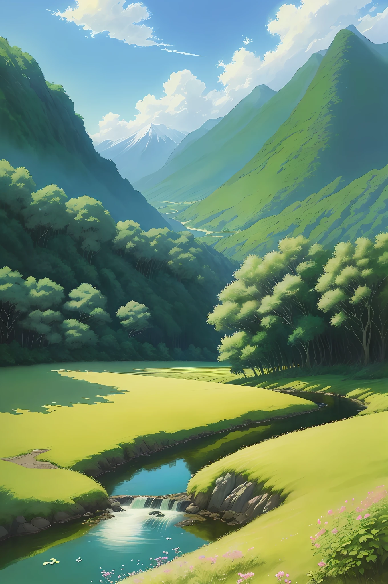 Realistic, real, beautiful and stunning landscape paintings, presented by Studio Ghibli and Miyazaki films, petals falling on verdant grasslands, clear blue skies and clear mountain streams, and the tranquility of country roads set off the peaceful atmosphere of the fields -v6.