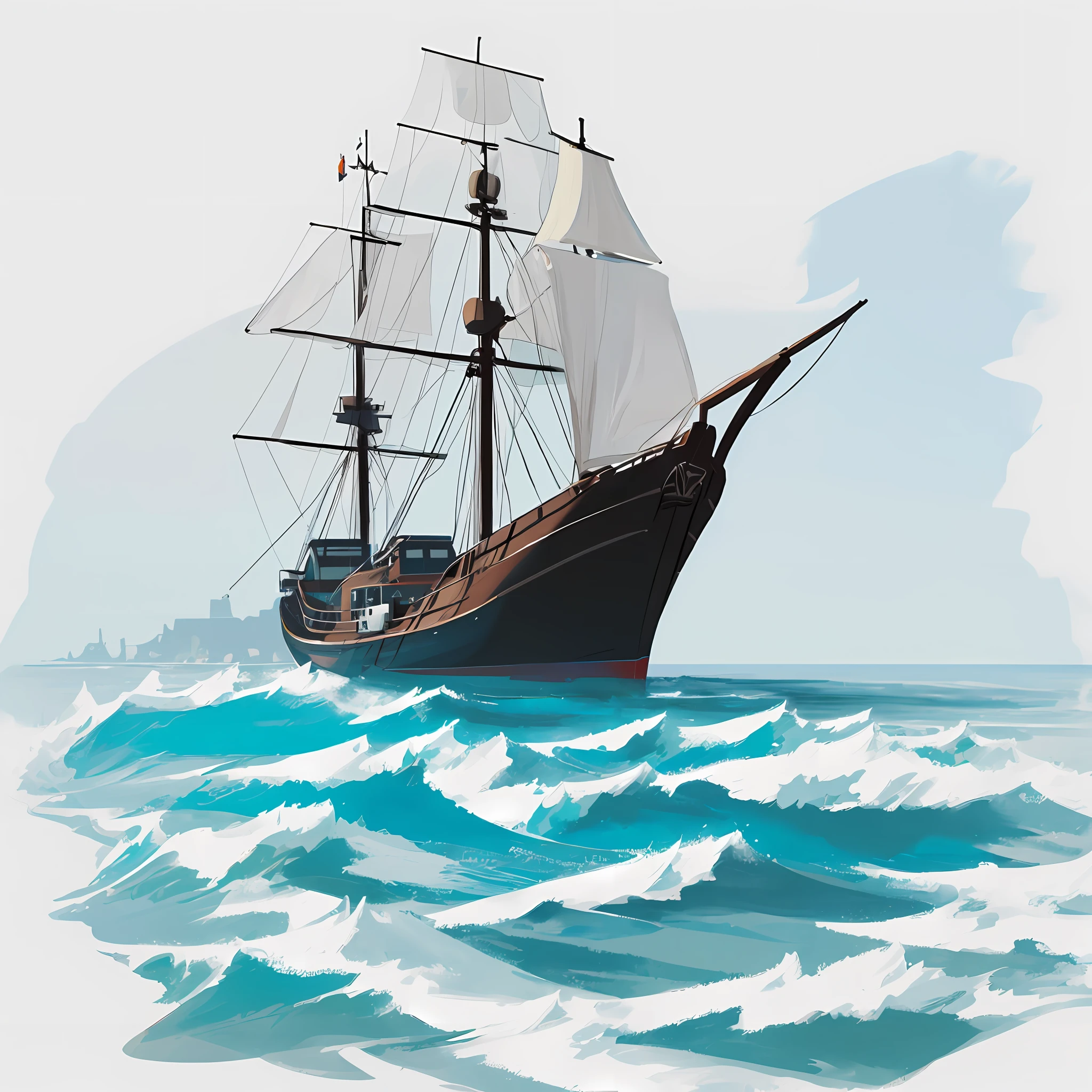 Straight Perspective, Boat, Flat Style, 2.5D Illustration, Plain White Background,