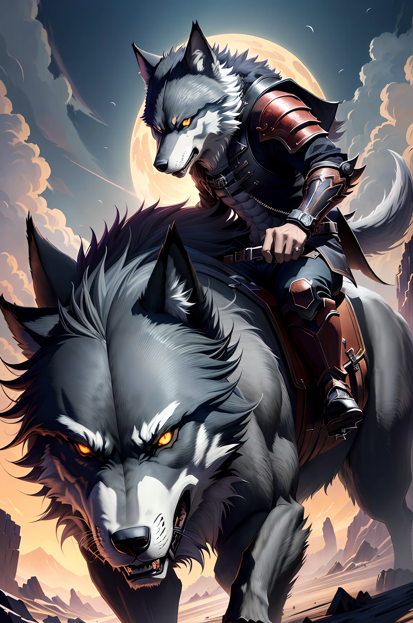 anime style illustration of a man riding a wolf with a demon on his back, anime badass 8 k, epic style anime, anthro wolf face, official art, trend in artstation pixiv, by Kamagurka, werewolf, dark gray wolf o'donnell, detailed anime character art, demon slayer artstyle, full art illustration, detailed fanart