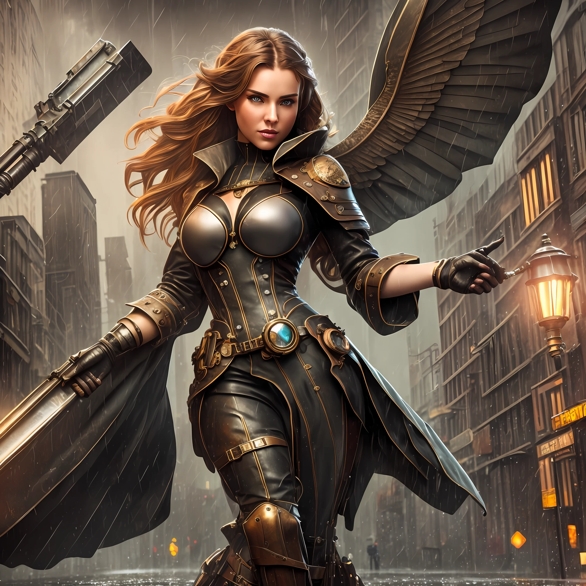A full body Portrait of a beautiful woman in wet steampunk costume, raining and wet, perfect detailed face, detailed symmetric green eyes with circular iris, wavy ginger hair, wearing enormous mechanical wings in her back, overall theme is street photography in Industrial Steampunk City, steamy background with lots of steam pipes and steam valves and pressure gauges and gears, realistic, stunning realistic photograph, 3d render, octane render, intricately detailed, cinematic, Isometric, Centered, hyperealistic cover photo, awesome full color, 12k, high definition, cinematic, neoprene, behance contest winner, portrait featured on unsplash, smooth, ultra high definition, 8k, ultra sharp focus, intricate artwork, masterpiece, ominous, epic, highly detailed, warm cinematic lighting, high contrast lighting, hyper photorealism, DSLR, Canon 5D, 8k resolution,
