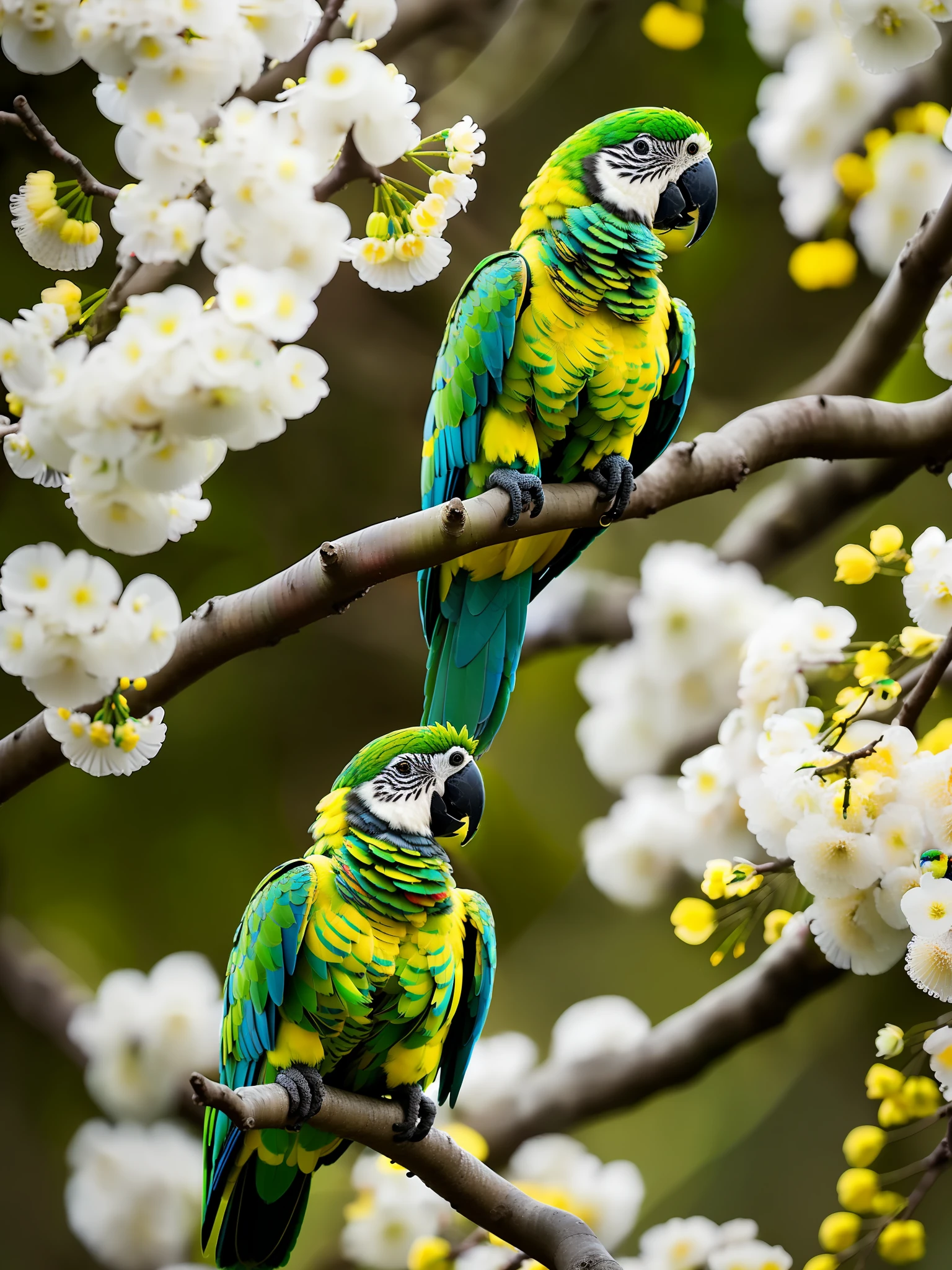 Yellow-shouldered Amazon parrot on a branch near budding white cherry flowers, dark, dawn, (chilly early morning:1.1), (morning dew:1.15), realistic photography, (low-key photograph:1.2), detailed, 8k, intricate ruffled feathers, water droplets on the feathers, (to8contrast style), (mist:0.7), vivid colors, Sony a6600 Mirrorless Camera, embellish2