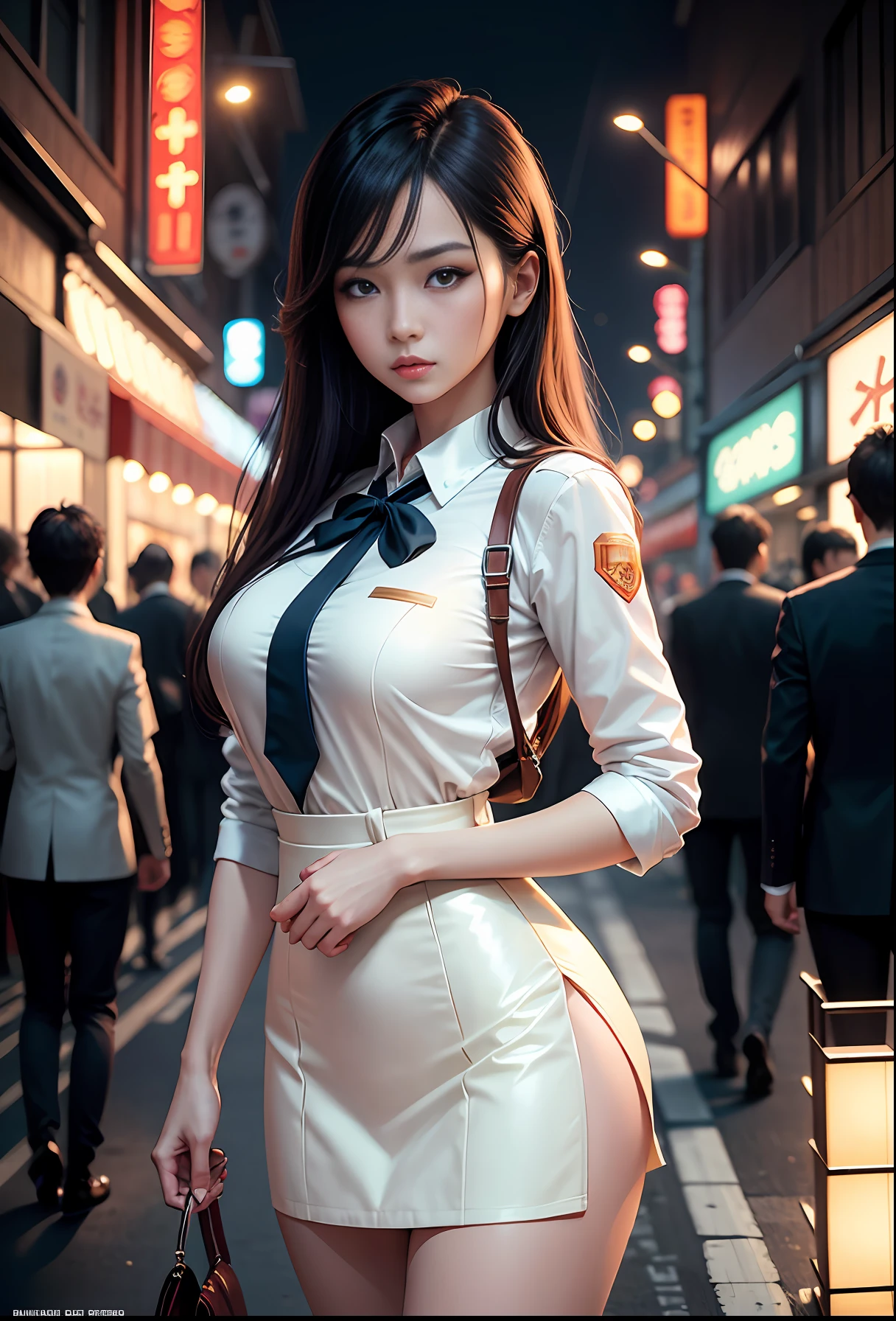 dim orange lights, dim neon lights, Tokyo streets, night, cityscape, city lights, upper body, close-up, 8k, raw photos, best quality, masterpiece, realism, realism,A beautiful woman in gyaru makeup wearing school uniform on the bustling streets of Gintama, surrounded by vendors, beautiful portrait of a stunning goddess girl, beautiful detailed face, porcelain skin, wearing school uniform, full body shot, centered, ultra soft lighting, symmetry, intricate, elegant, highly detailed, photorealistic, artstation, concept art, smooth, as imagined by greg rutkowski and borris vallejo, cover, vogue style,pureerosface_v1,ulzzang-6500-v1.1