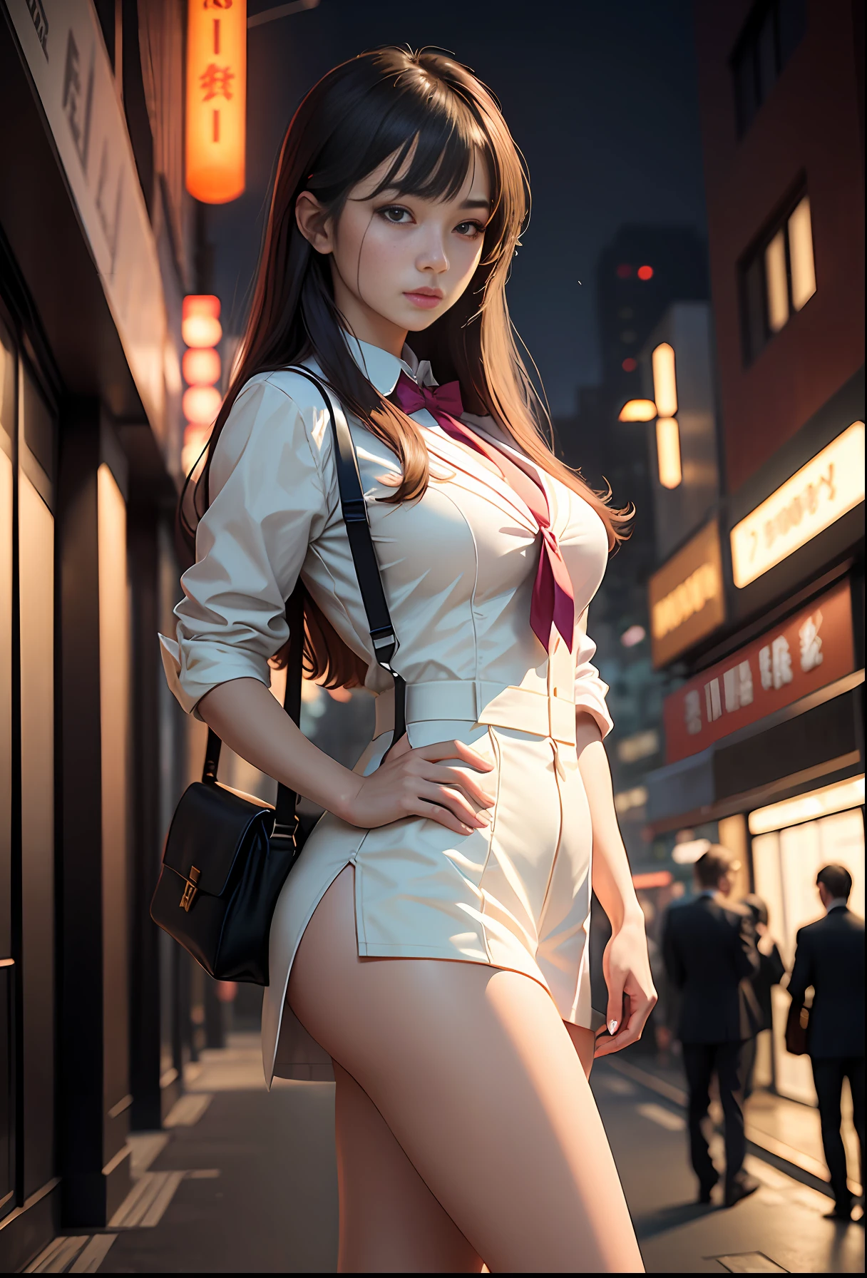 dim orange lights, dim neon lights, Tokyo streets, night, cityscape, city lights, upper body, close-up, 8k, raw photos, best quality, masterpiece, realism, realism,A beautiful woman in gyaru makeup wearing school uniform on the bustling streets of Gintama, surrounded by vendors, beautiful portrait of a stunning goddess girl, beautiful detailed face, porcelain skin, wearing school uniform, full body shot, centered, ultra soft lighting, symmetry, intricate, elegant, highly detailed, photorealistic, artstation, concept art, smooth, as imagined by greg rutkowski and borris vallejo, cover, vogue style,pureerosface_v1,ulzzang-6500-v1.1