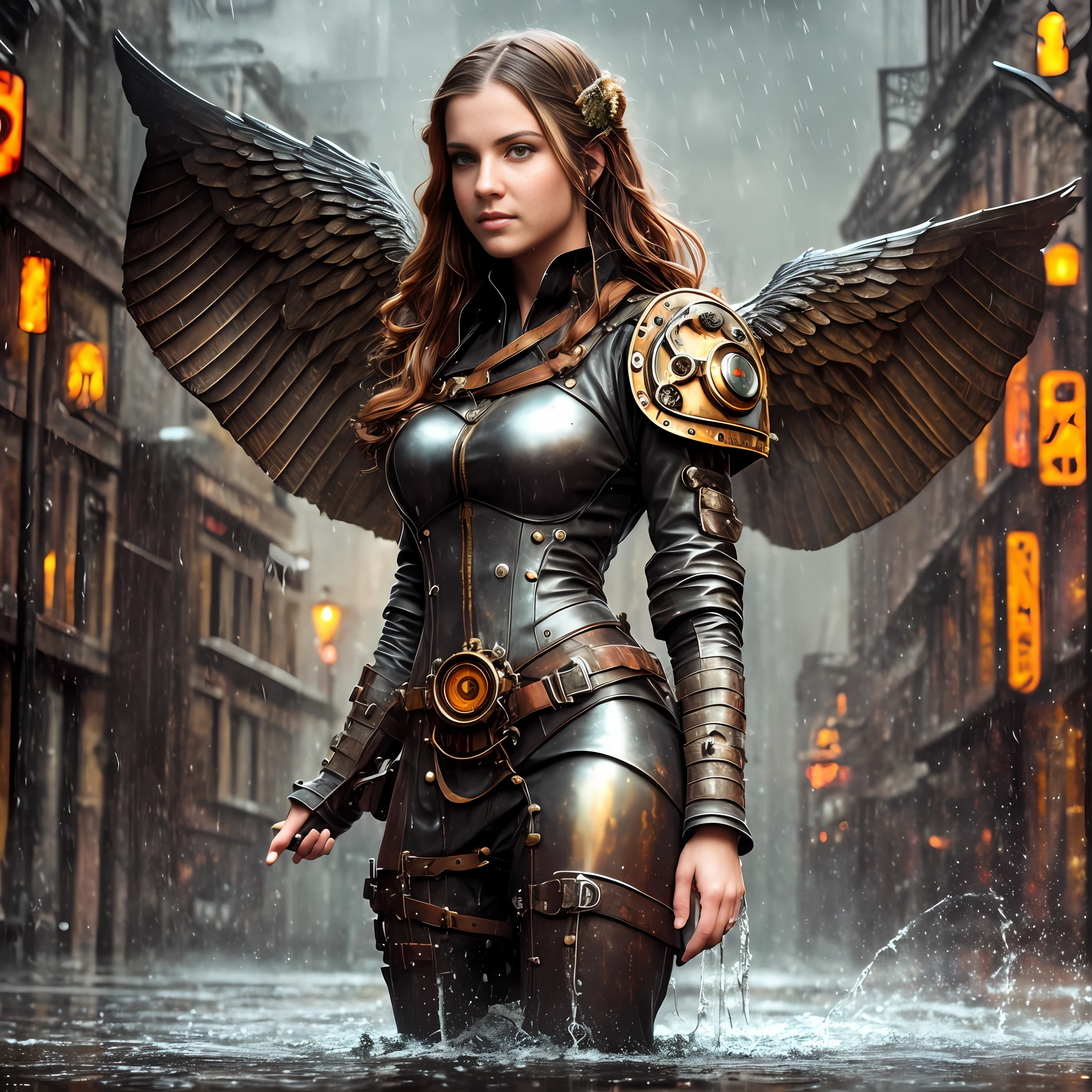 A full body snapshot of a smiley beautiful 19-years-old girl in wet steampunk costume, raining and wet, soggy and wet hair, wet skin, perfect detailed face, detailed symmetric green eyes with circular iris, wavy ginger hair, wearing enormous mechanical wings in her back, overall theme is street photography in Industrial Steampunk City, steamy background with lots of steam pipes and steam valves and pressure gauges and gears, realistic, stunning realistic photograph, 3d render, octane render, intricately detailed, cinematic, Isometric, Centered, hyperealistic cover photo, awesome full color, 12k, high definition, cinematic, portrait featured on unsplash, smooth, ultra high definition, 8k, ultra sharp focus, intricate artwork, masterpiece, ominous, epic, highly detailed, warm cinematic lighting, high contrast lighting, hyper photorealism, DSLR, Canon 5D, 8k resolution,