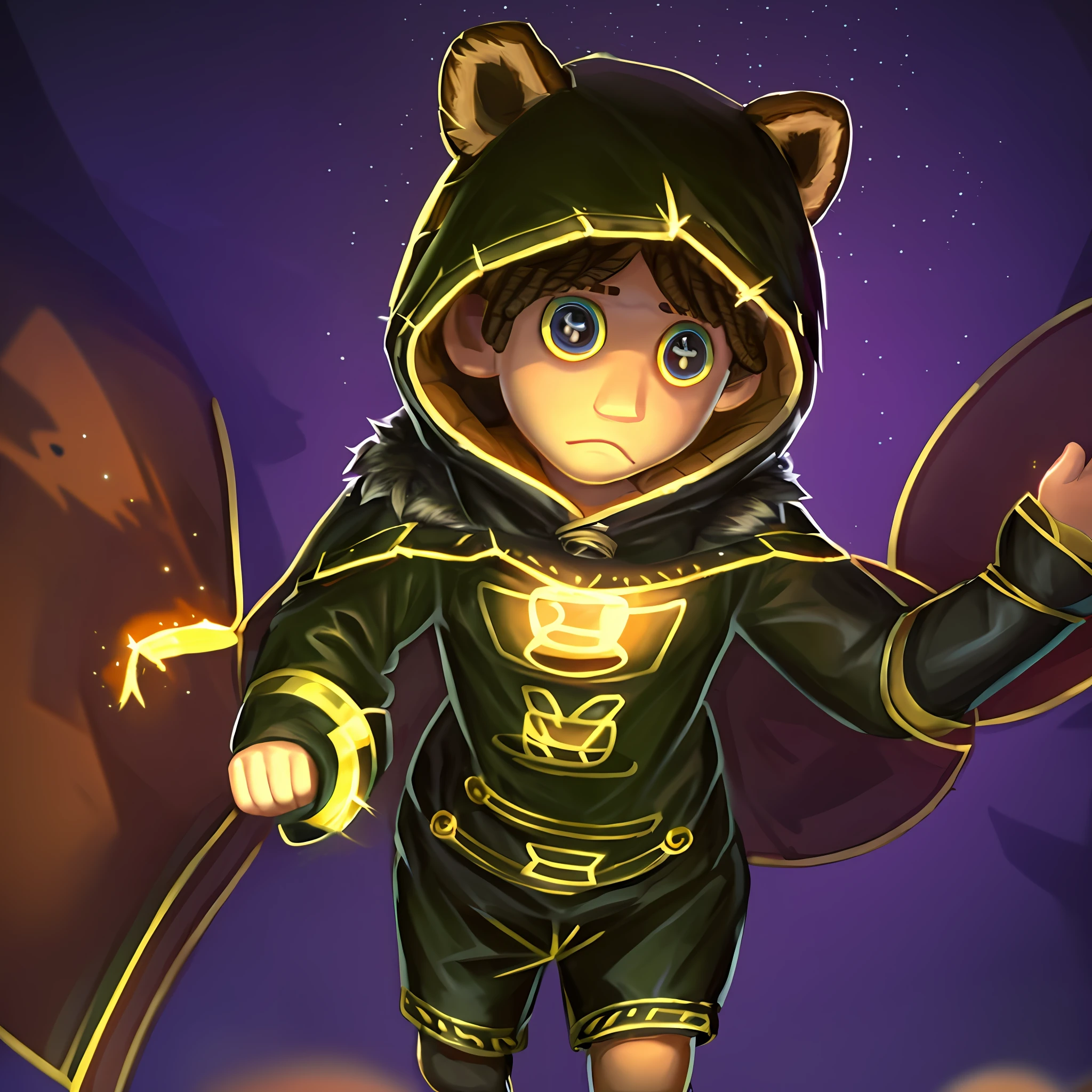 masterpiece, high quality, young boy, cute, wearing a costume with brown ears, bear face on hood, facing forward, looking at camera, full body, center of screen