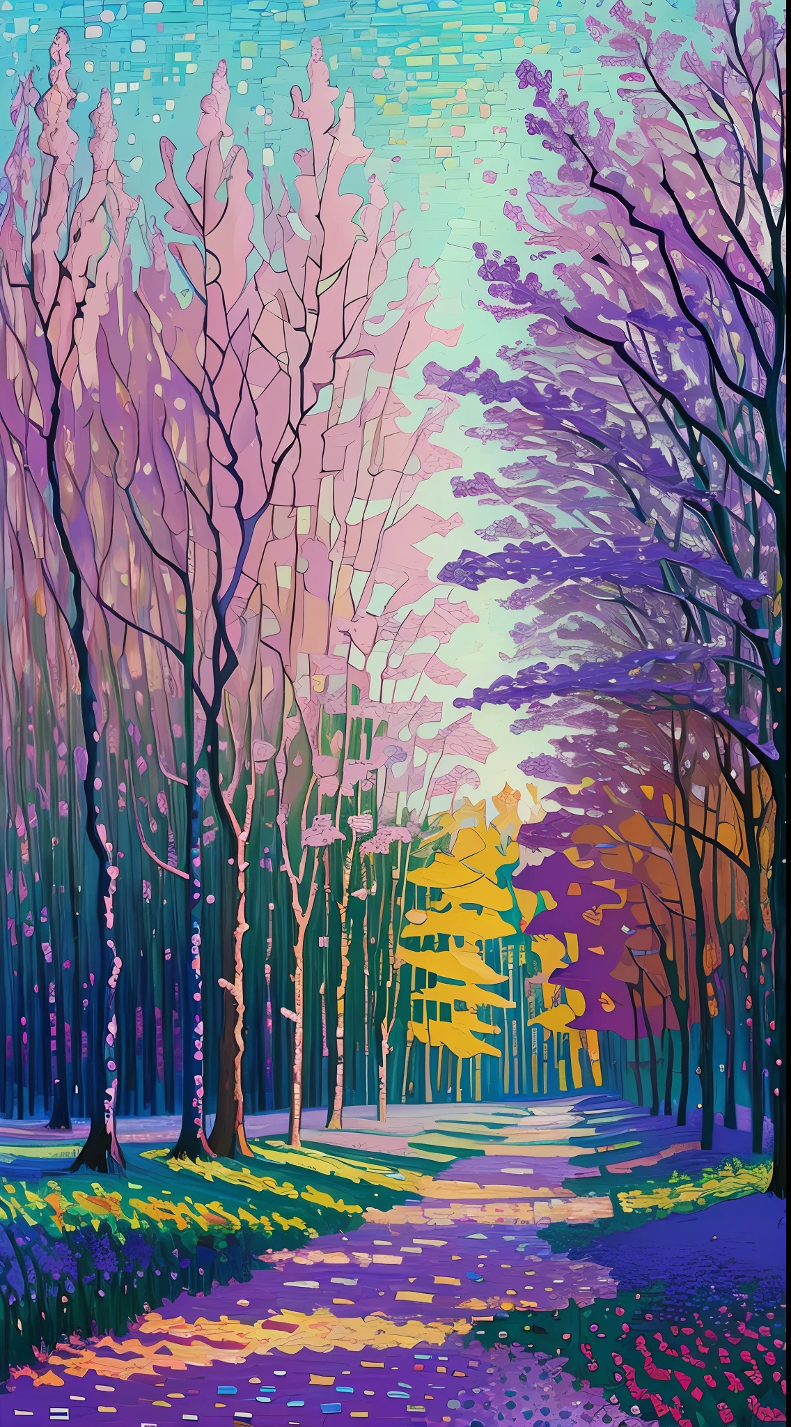 (impressionism, Tom Thomson, Wassily Kandinsky, Erin Hanson, oil painting, pointillism, very thick coating:1.2), light purple and light blue and light green, scenery, sunlight, noon, masterpiece, perspective, depth of field, dynamic lighting, dramatic lighting, pale colors