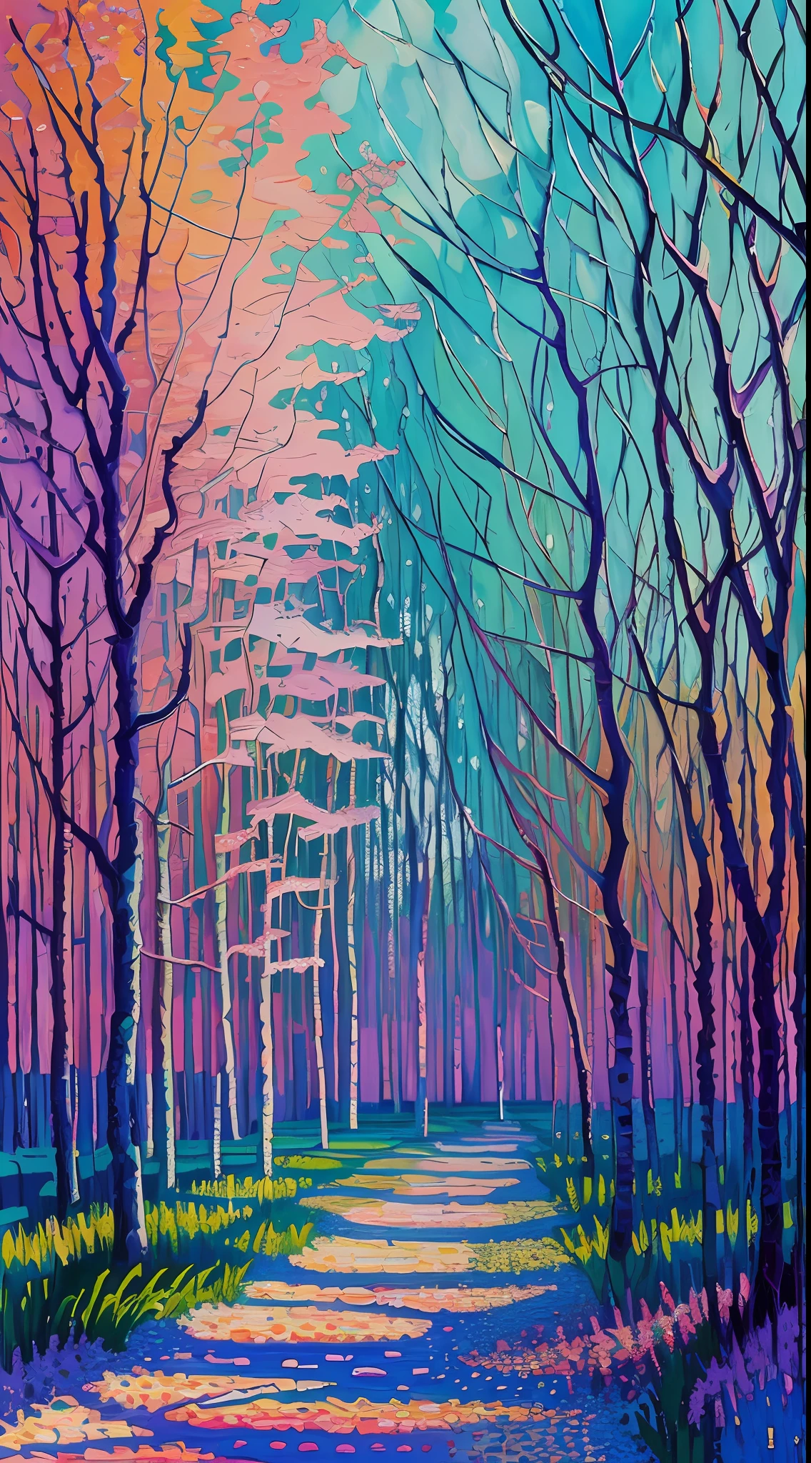 (impressionism, Tom Thomson, Wassily Kandinsky, Erin Hanson, oil painting, pointillism, very thick coating:1.2), light purple and light blue and light green, scenery, sunlight, noon, masterpiece, perspective, depth of field, dynamic lighting, dramatic lighting, pale colors