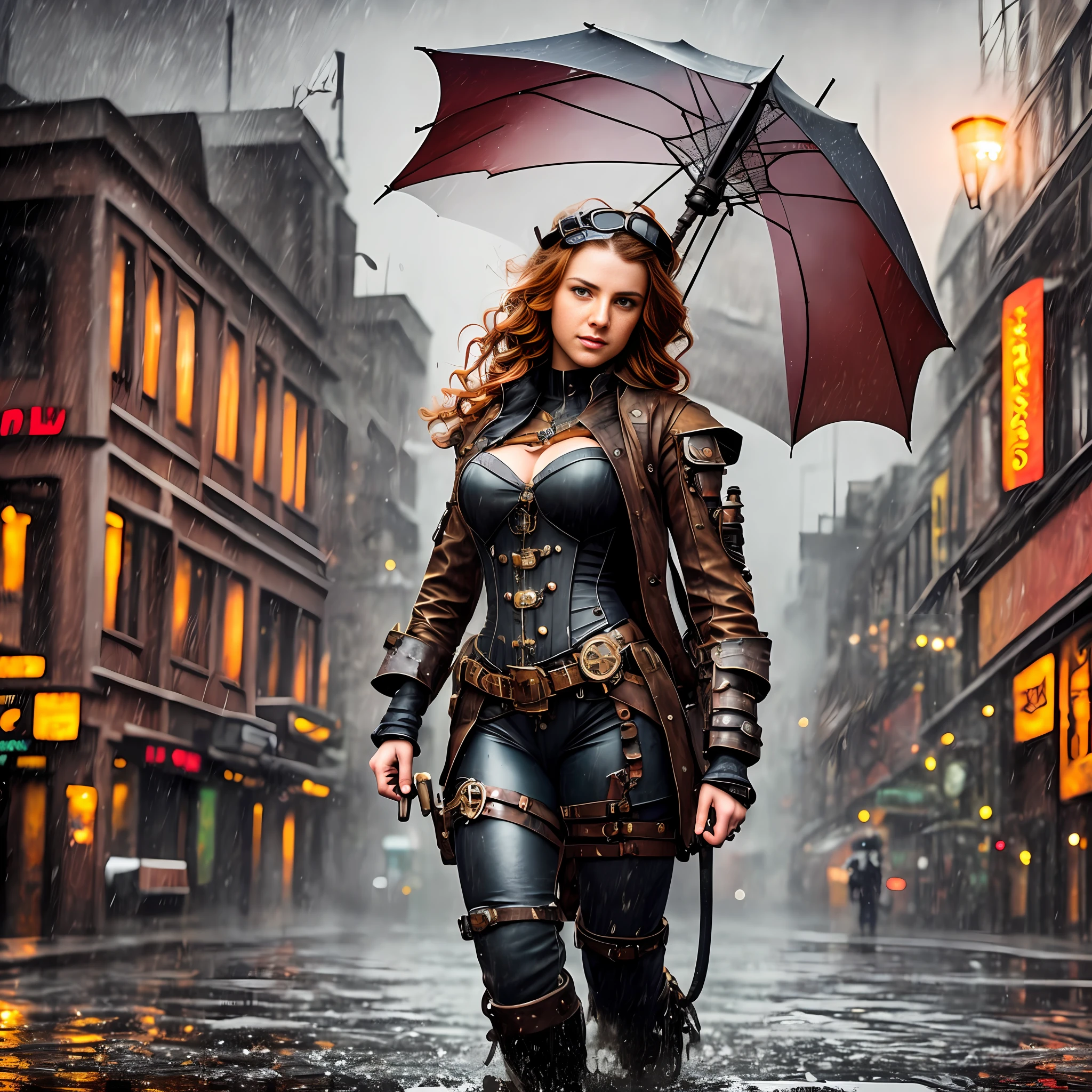 A full body snapshot of a smiley beautiful 19-years-old girl in wet steampunk costume, raining and wet, soggy and wet hair, wet skin, perfect detailed face, detailed symmetric green eyes with circular iris, wavy ginger hair, wearing enormous mechanical wings in her back, overall theme is street photography in Industrial Steampunk City, steamy background with lots of steam pipes and steam valves and pressure gauges and gears, realistic, stunning realistic photograph, 3d render, octane render, intricately detailed, cinematic, Isometric, Centered, hyperealistic cover photo, awesome full color, 12k, high definition, cinematic, portrait featured on unsplash, smooth, ultra high definition, 8k, ultra sharp focus, intricate artwork, masterpiece, ominous, epic, highly detailed, warm cinematic lighting, high contrast lighting, hyper photorealism, DSLR, Canon 5D, 8k resolution,