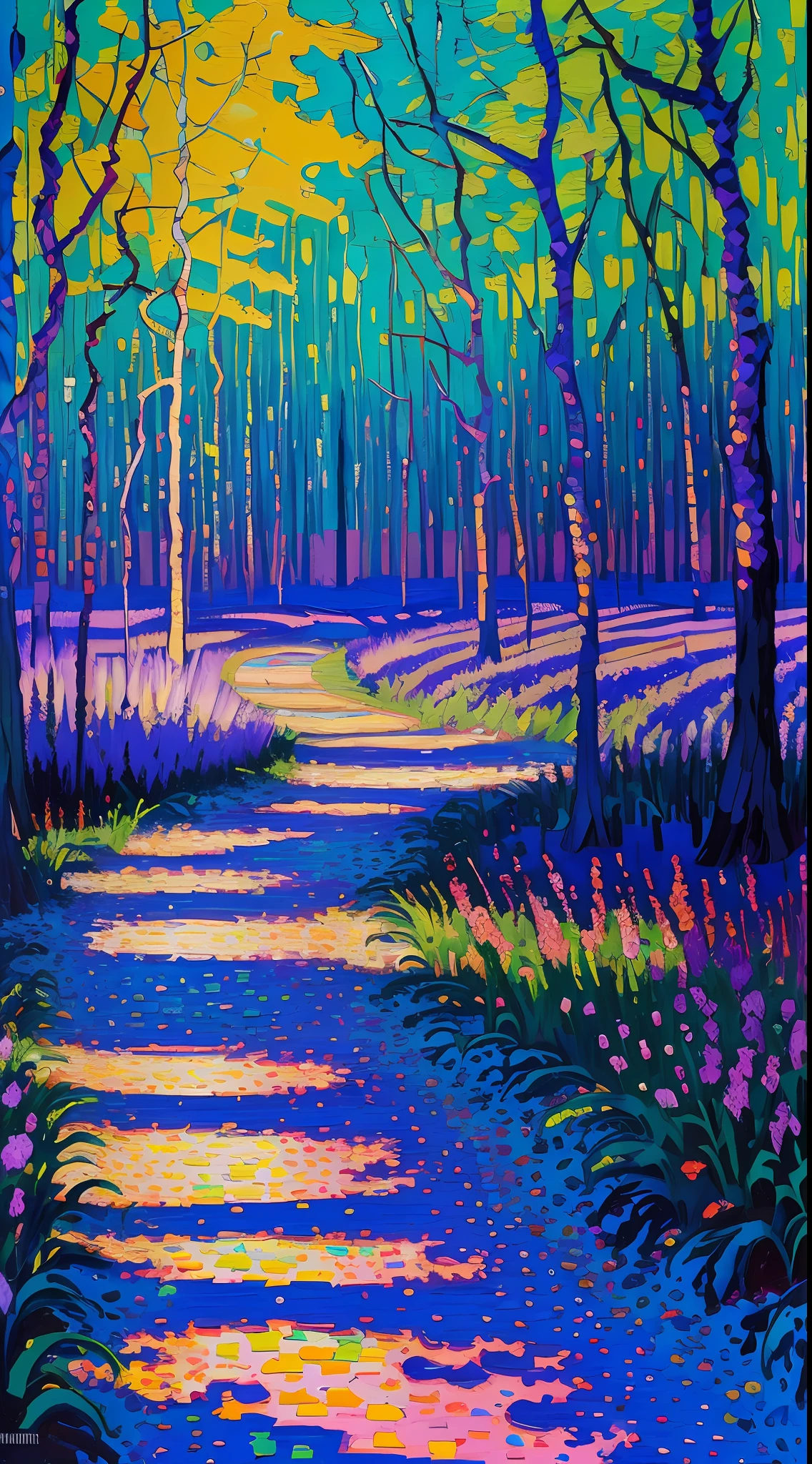(impressionism, Tom Thomson, Wassily Kandinsky, Erin Hanson, oil painting, pointillism, very thick coating:1.2), light purple and light blue and light green, scenery, sunlight, noon, masterpiece, perspective, depth of field, dynamic lighting, dramatic lighting, pale colors
