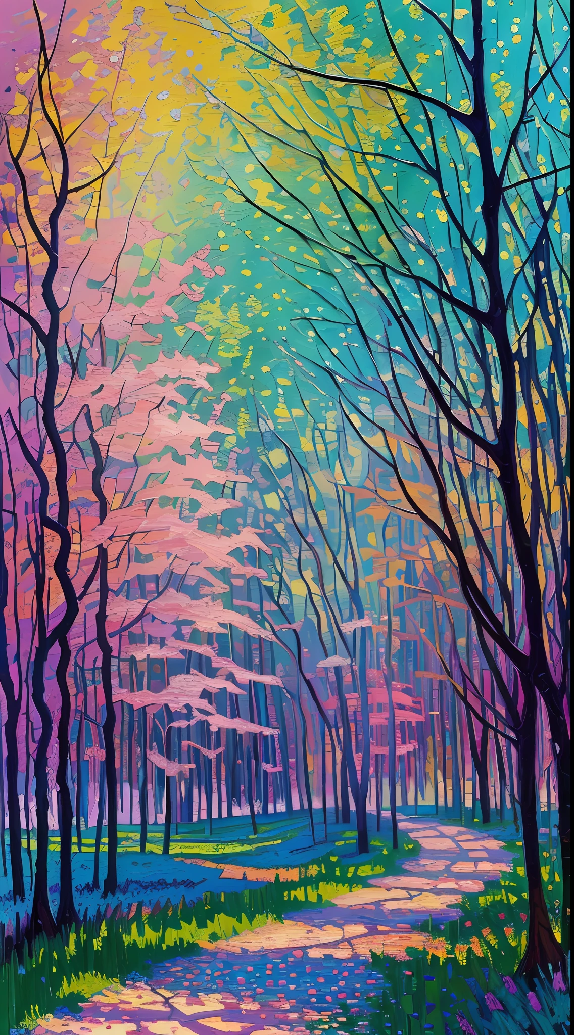 (impressionism, Tom Thomson, Wassily Kandinsky, Erin Hanson, oil painting, pointillism, very thick coating:1.2), light purple and light blue and light green, scenery, sunlight, noon, masterpiece, perspective, depth of field, dynamic lighting, dramatic lighting, pale colors