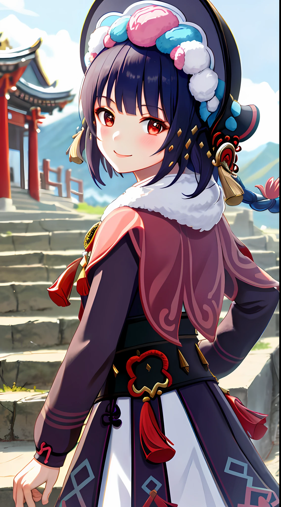 yunjindef, upper body, smile, blush, outdoors, day, simple background, blue sky, short hair, sky, temple, looking at viewer, stairs, mountain, moody lighting, facing viewer,