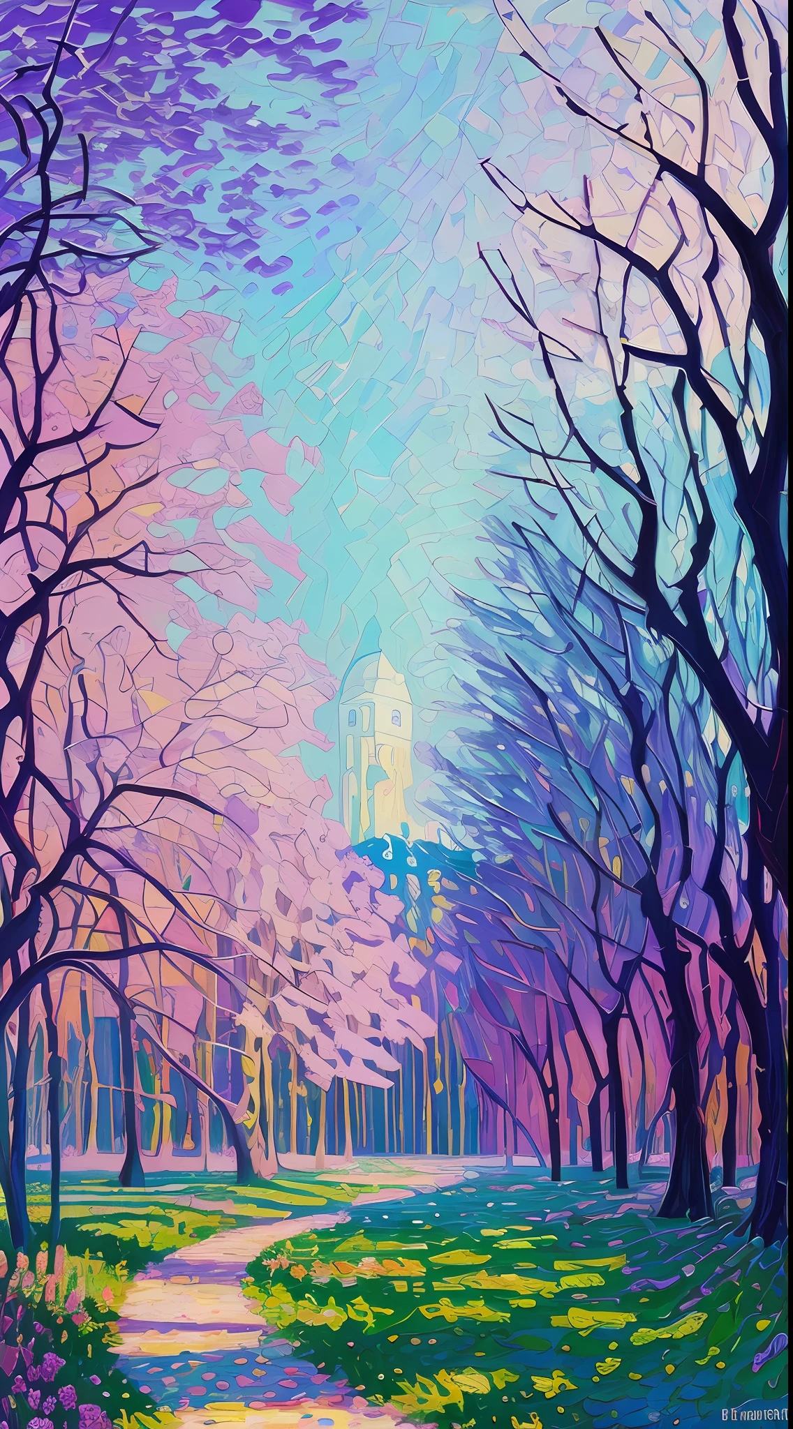 (impressionism, Tom Thomson, Piet Mondrian, Wassily Kandinsky, Erin Hanson, oil painting, pointillism, very thick coating:1.2), light purple and light blue and light green, pale colors, scenery, sunlight, noon, masterpiece, perspective, depth of field, dynamic lighting, dramatic lighting