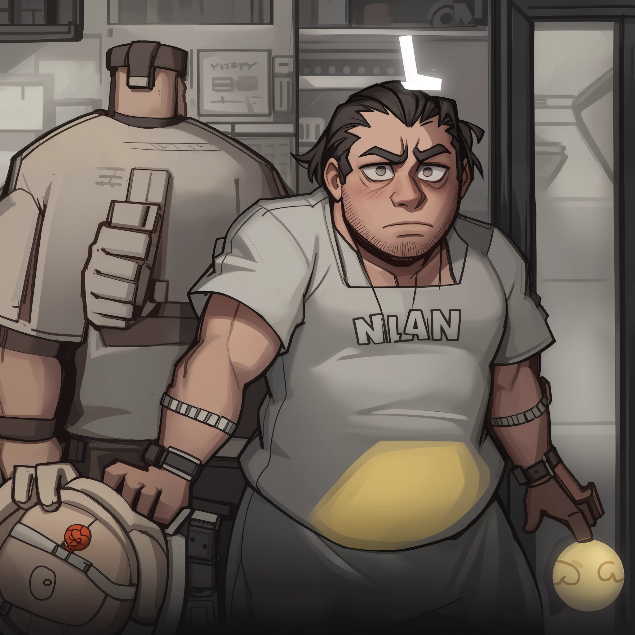 Ugly fat man with big bulbous nose, tired baggy eyes, wearing sports clothes, sad annoyed expression