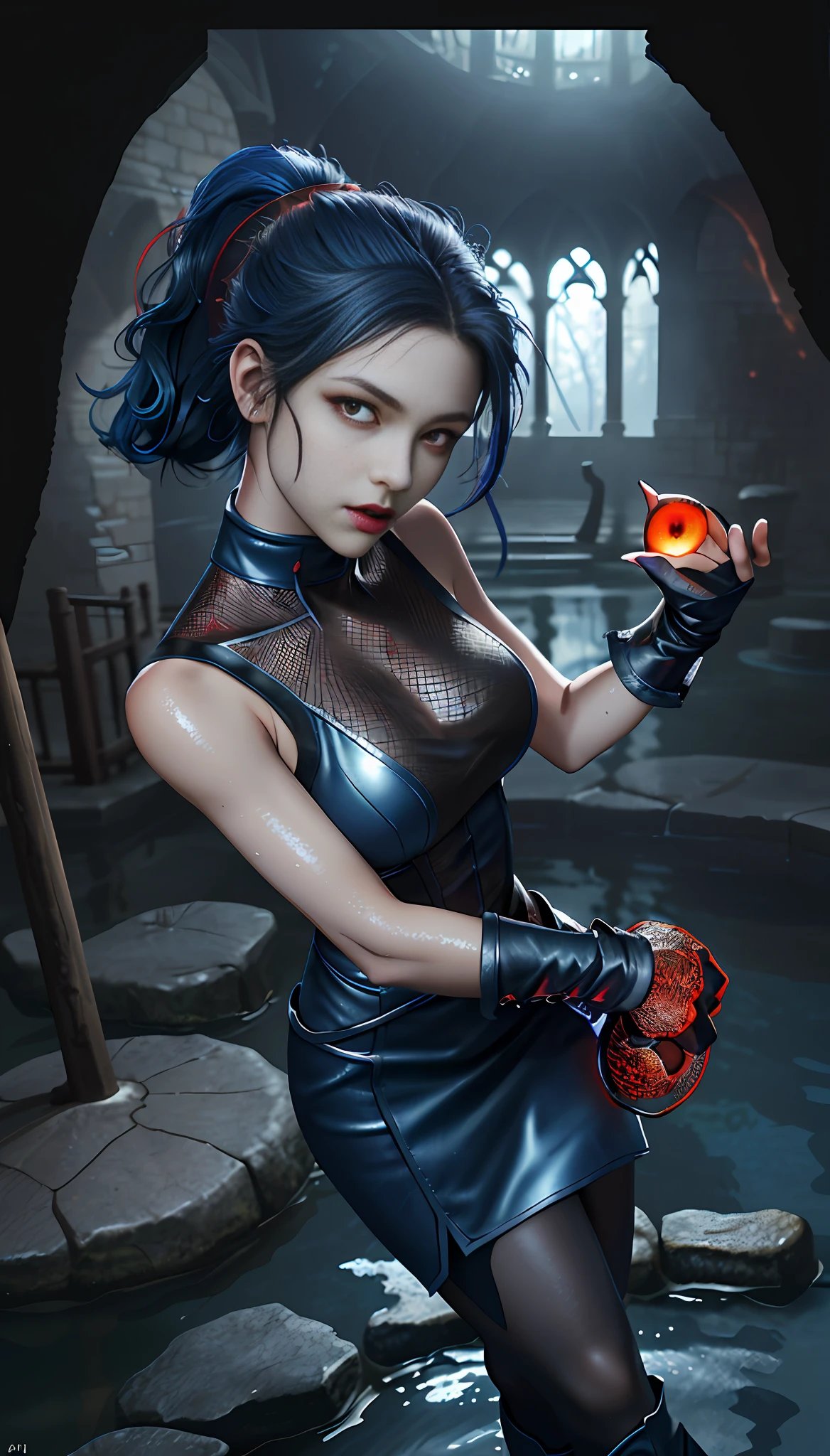 Perfect waist cut, Large breasts, Warrior girl with a small short sword on hand, Skimpy leather glossy clothes, organza elements on clothes, net clothes, dark blue hair with red highlights, (perfect nose), Seductive gaze, dark blue high boots on high heels with red highlights, (Best Illustration), 8k Resolution, Intricate Details, Best Quality, Realistic, Ultra Detailed, Best Lighting, Best Shadows, Ultra HD, A Necromancer style, Night, Magic, Dark Style, Vampire, (shining red eyes:1.6), masterpiece, high_res, Beautiful face, tyndall effect, photo realistic, (high detailed skin:1.2), 8k uhd, dslr, high quality, Photograph, high resolution, 4k, 8k, Bokeh, absurdres, ponytail contorted, best ratio four finger and one thumb, front view, dark blue hair gorgeous, perfect proportional skinny fitness body, full body view, wet skin, wet clothes, dark cathedral baground scenery, huge bobs, belly muscle, long fit perfect legs, fishnet dark red Stockings, realistic reflection in the water