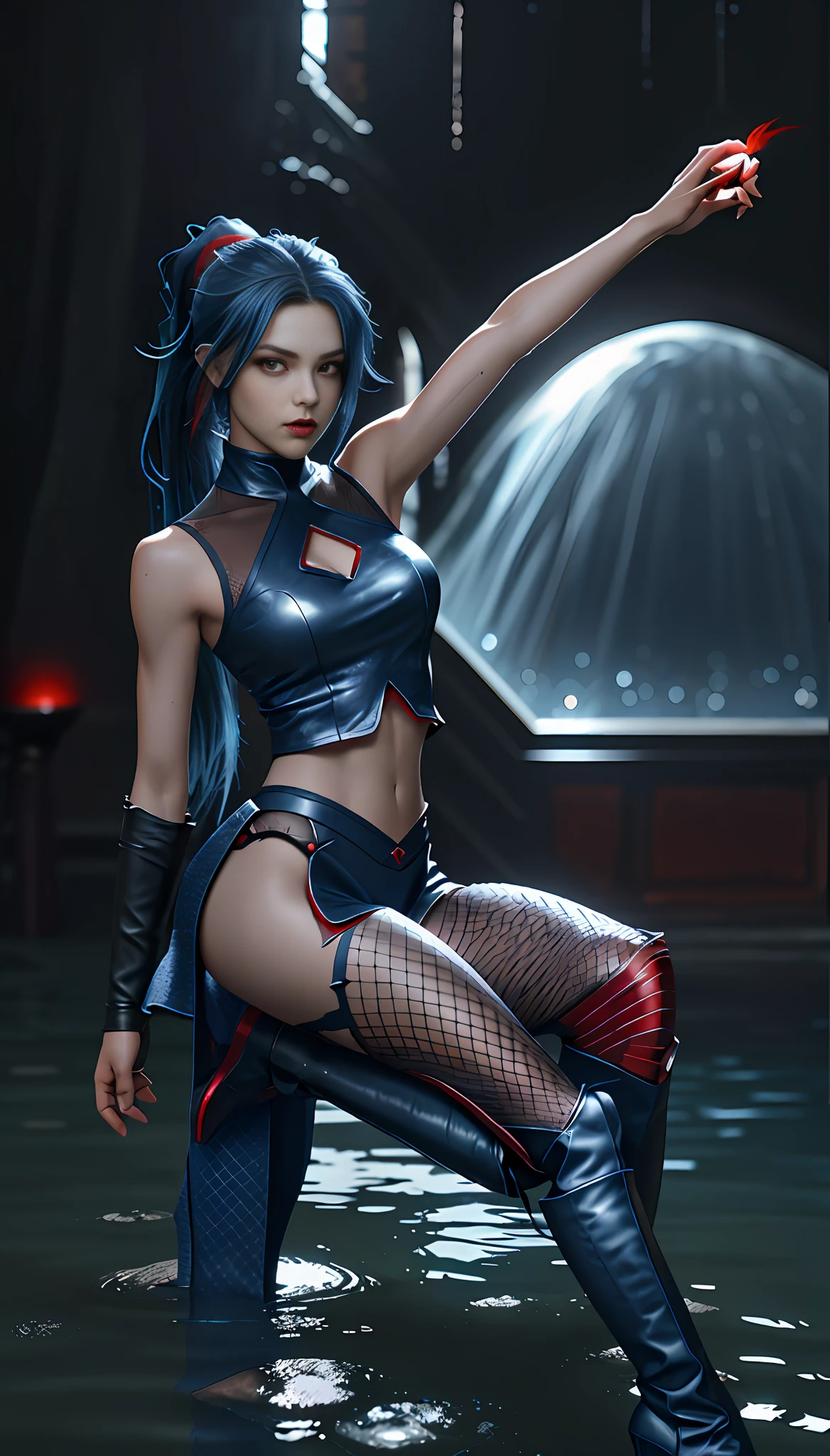 Perfect waist cut, Large breasts, Warrior girl with a small short sword on hand, Skimpy leather glossy clothes, organza elements on clothes, net clothes, dark blue hair with red highlights, (perfect nose), Seductive gaze, dark blue high boots on high heels with red highlights, (Best Illustration), 8k Resolution, Intricate Details, Best Quality, Realistic, Ultra Detailed, Best Lighting, Best Shadows, Ultra HD, A Necromancer style, Night, Magic, Dark Style, Vampire, (shining red eyes:1.6), masterpiece, high_res, Beautiful face, tyndall effect, photo realistic, (high detailed skin:1.2), 8k uhd, dslr, high quality, Photograph, high resolution, 4k, 8k, Bokeh, absurdres, ponytail contorted, best ratio four finger and one thumb, front view, dark blue hair gorgeous, perfect proportional skinny fitness body, full body view, wet skin, wet clothes, dark cathedral baground scenery, huge bobs, belly muscle, long fit perfect legs, fishnet dark red Stockings, realistic reflection in the water