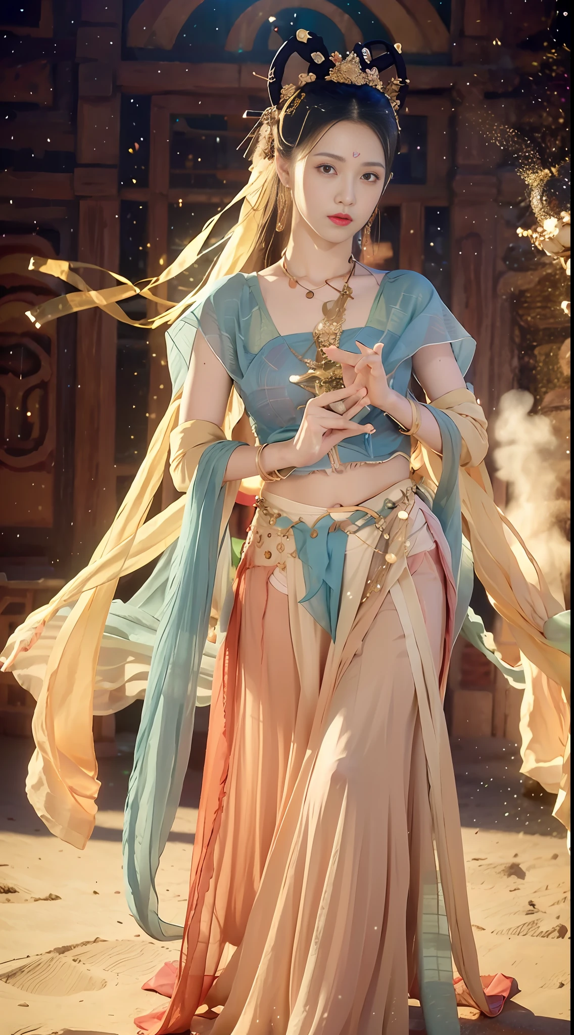 (8k, RAW photo, best quality, masterpiece:1.2), (realistic, photo-realistic:1.4), (extremely detailed CG unity 8k wallpaper), (1 girl:1.5), Western beauty, (blue clothes: 1.4), red spots on forehead, pale skin, blush, big eyes, full body, thighs, open navel, gold waist chain, gold jewelry, flying ribbons, particles, background is Loulan ancient city, ancient city wall, desert, dance, dunhuang_dress, dunhuang_style,
