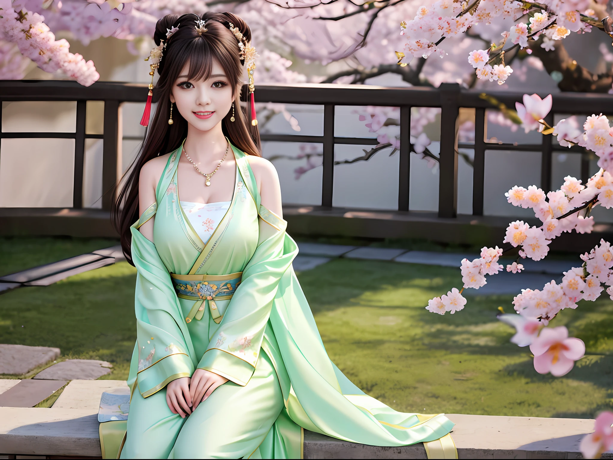 Superb Quality, Masterpiece, High Resolution, 8K, Wallpaper, (((A Girl))), (Solo))),, Sitting on a Stool, Blush, Star Eyes, (Realistic Face), (High Detail Face), Bright Big Eyes, (Smile: 0.9), Sweet Smile, Beautiful and Delicate Face, Sexy Body, (High Detail Skin: 1.2), Chinese Hanfu, ((Light Green Pajamas)), Short Skirt, Leaky Shoulders, Banterau, Cleavage, Big Boobs, Long Hair, Bangs, Bun, Hair Accessories, Necklaces, Jewelry, Beauty, realistic, light edge, ancient courtyard, courtyard full of plum blossoms, 8k UHD, SLR, soft light, high quality, volumetric lighting, candid shot, photo, high resolution, 4k, background bokeh