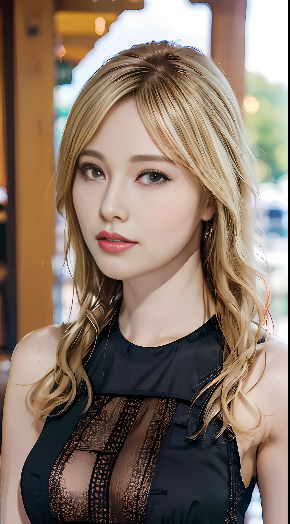 ((Best Quality, 8K, Masterpiece: 1.3)), Full Body, Focus Clear: 1.2, Outstanding Beauty: 1.4, Slender Abs: 1.2, ((Blonde, Big: 1.2)), Black Tank Top, Highly Detailed Face and Skin Texture, Detailed Eyes, Double Eyelids