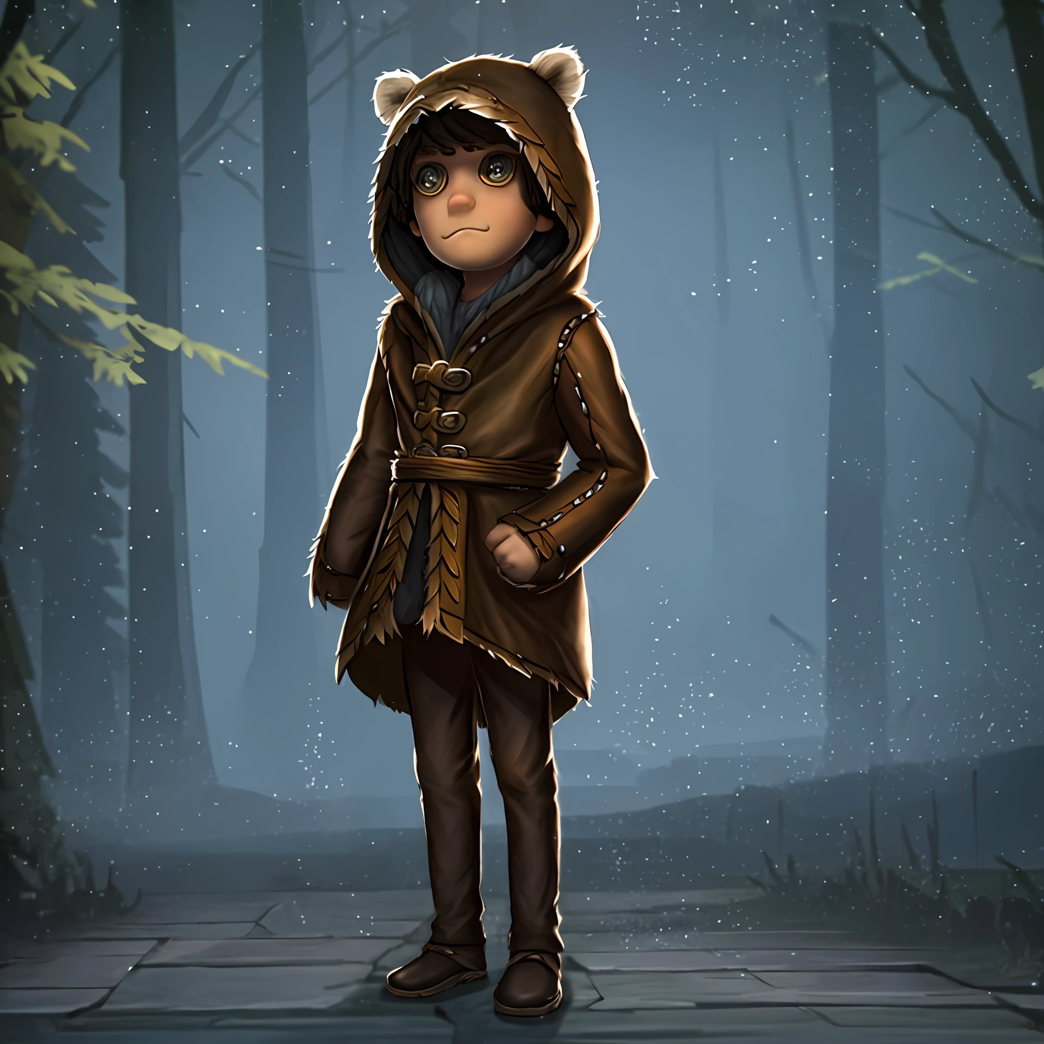 masterpiece, high quality, young boy, cute, wearing a costume with brown ears, bear face on hood, facing forward, looking at camera, full body, center of screen