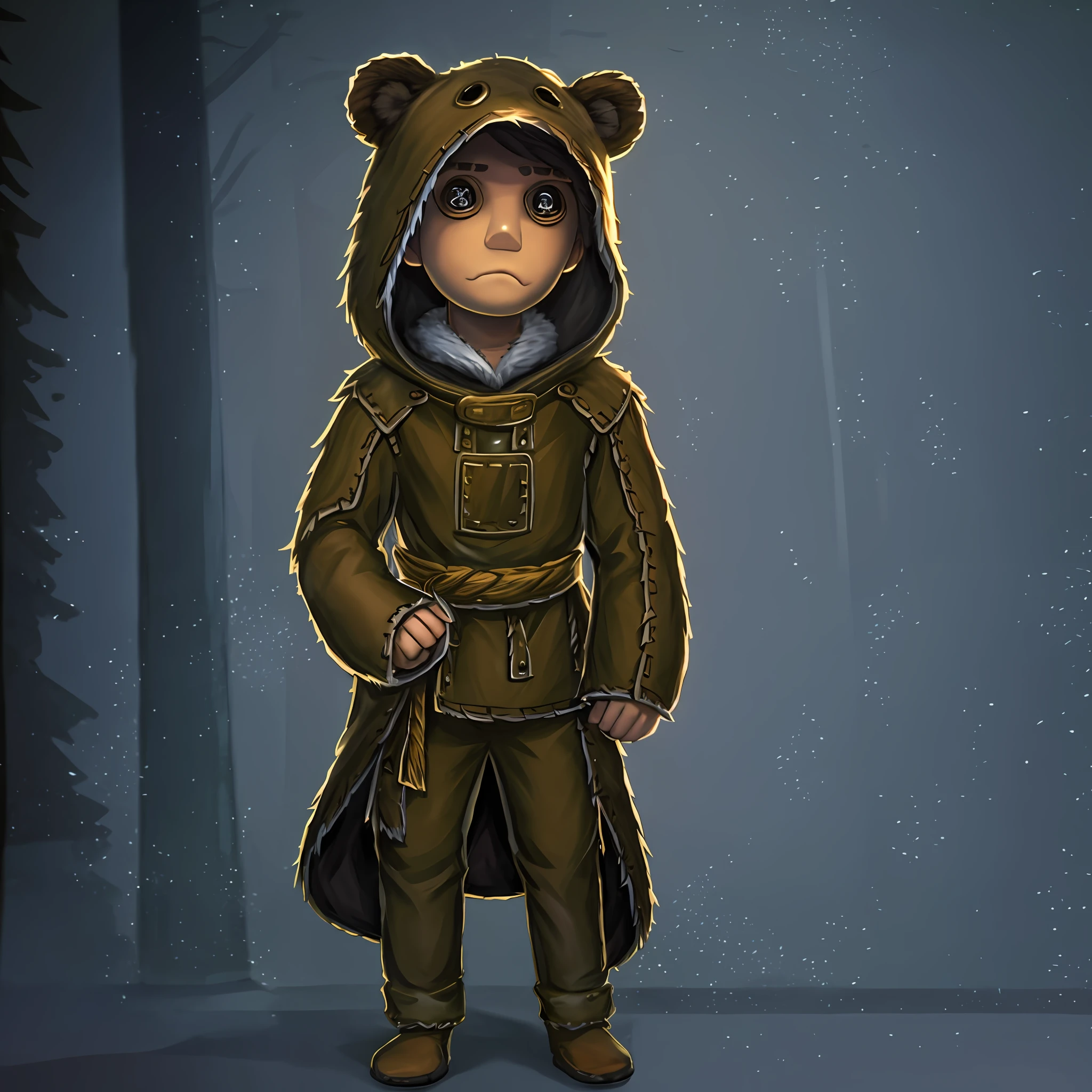 masterpiece, high quality, young boy, cute, wearing a costume with brown ears, bear face on hood, facing forward, looking at camera, full body, center of screen