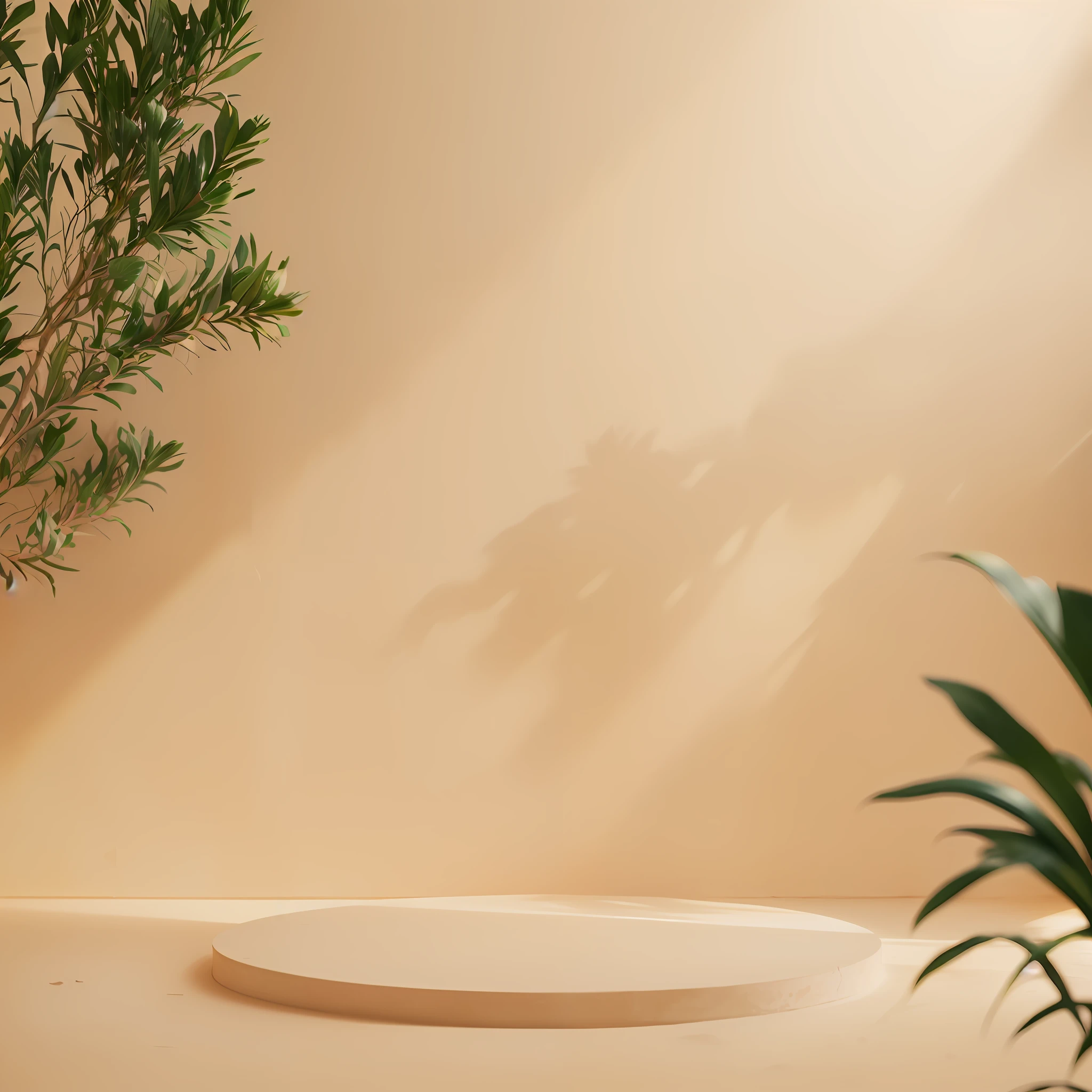 there is a plant that is sitting on a table in a room, sand - colored walls, soft natural volumetric lighting, warm lighting with cool shadows, still life photo of a backdrop, rendered in corona, high quality topical render, rendered lighting, glossy surface, with backdrop of natural light, hyper realistic background, minimalistic background, interior background, natural volumetric lighting