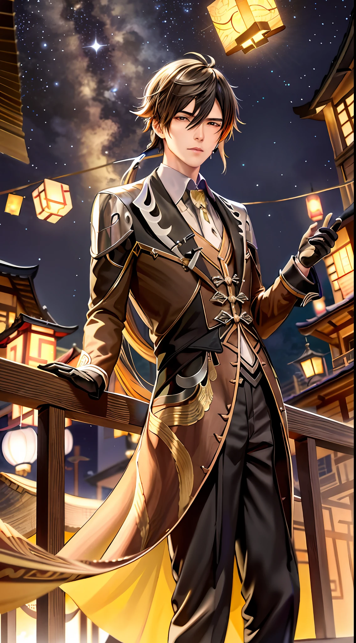 Masterpiece, Superb Piece, Zhongli (Genshin), Long Hair, 1boy, Male Focus, Sky, Solo, Brown Hair, Lantern, Single Earring, Night, Glove, Tassel, Bangs, Black Glove, Ornaments, Tassel Earrings, Ponytail, Hair Behind the Arm, Between the Eyes, Jacket, Long Sleeves, Yellow Eyes, Earrings, Colorful Hair, Shirt, Tie, Collared Shirt, Formal, Night Sky, Clouds, Looking at the Audience, Mountains, Suit, Float, Outdoor, Boat, Paper Lantern, Shut Up, Pants, Stars (Sky), Gradient Hair , Ocean, (KBXLL:0.6)