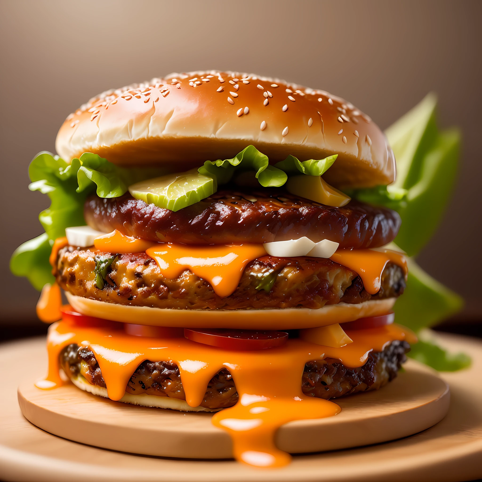 (Masterpiece:1.3), (best_quality:1.3), (ultra_detailed:1.3), 8K, extremely_clear, Realism, photo of a delicious burger with 1meat, lettuce, tomato and cheddar cheese, (rustic dinner background), hdr, (intricate details, hyper-detailed:1.15)
