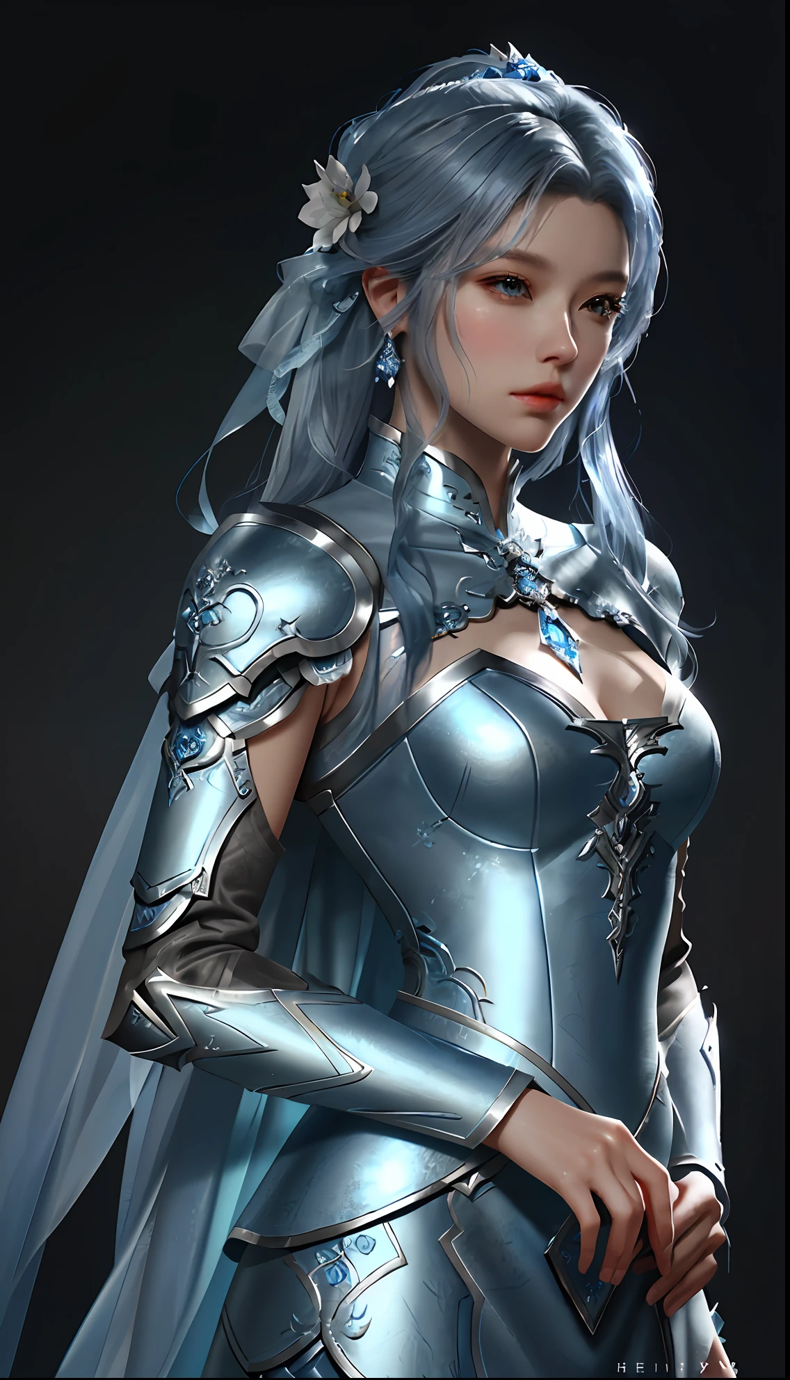 a close up of a woman in a silver and blue dress, chengwei pan on artstation, by Yang J, detailed fantasy art, stunning character art, fanart best artstation, epic exquisite character art, beautiful armor, extremely detailed artgerm, detailed digital anime art, artgerm on artstation pixiv, armor girl