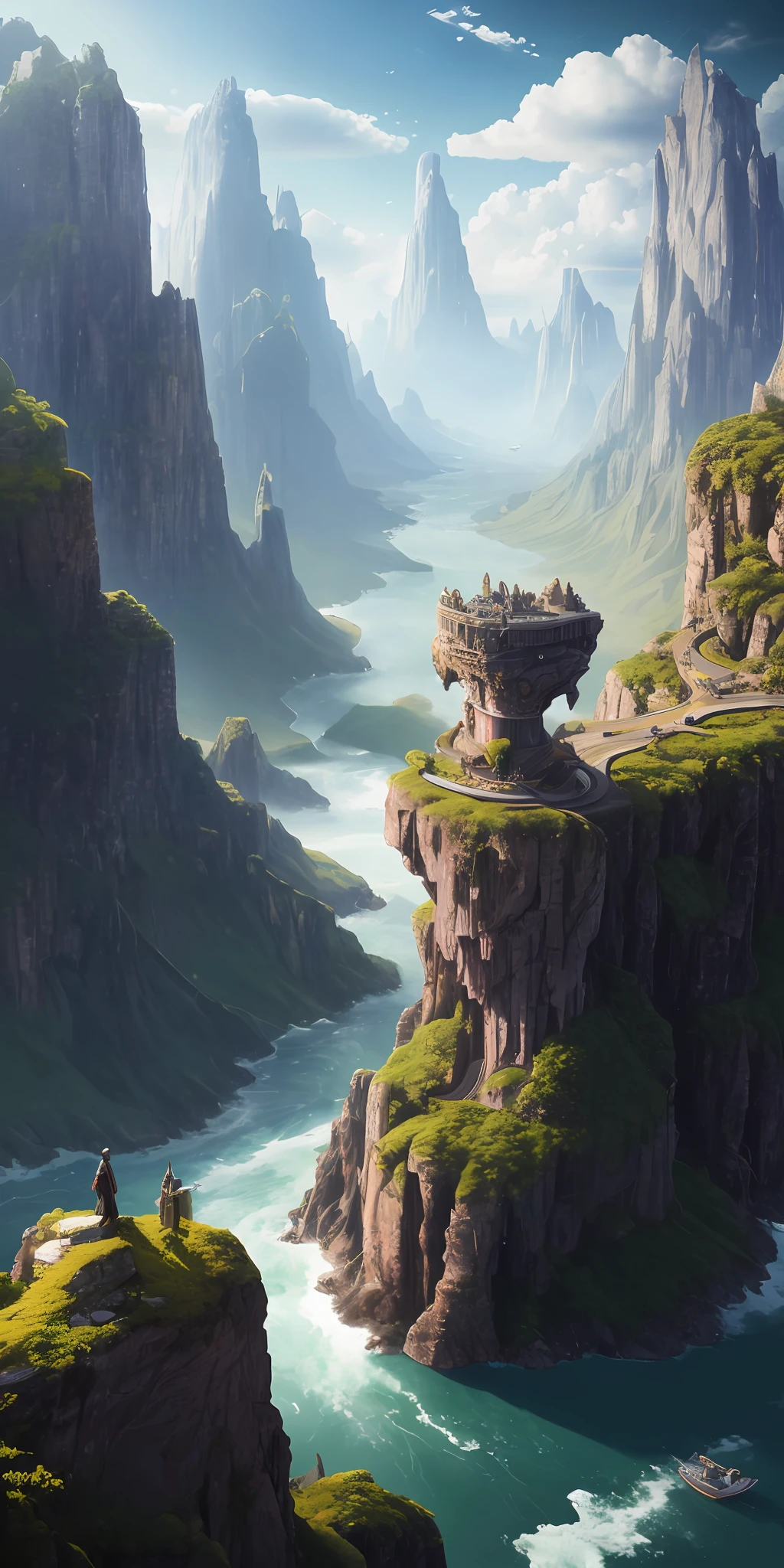 Masterpiece, best quality, high quality, extremely detailed CG unity 8k wallpaper, landscape, outdoor, sky, clouds, sky, no humans, mountain, landscape, water, tree, blue sky, waterfall, cliff, nature, lake, river , cloudy skies, award winning photography, bokeh, depth of field, HDR, bloom, chromatic aberration, photorealism, very detailed, trending on artstation, trending on CGsociety, intricate, high detail, dramatic, half way art