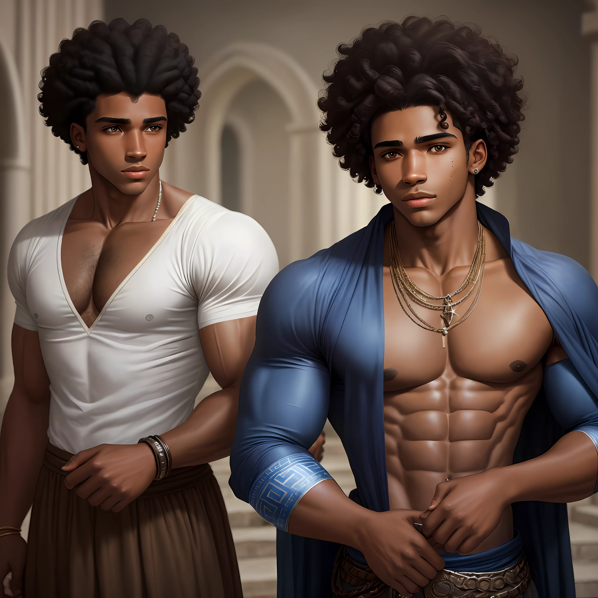 a dark man, Afro-Latino, handsome, eyes: one brown and the other blue, strong, curly hair, , from the colonial era, perfect details, perfect guy, with features of a Greek God, super strong, dressed as a slave, in different poses