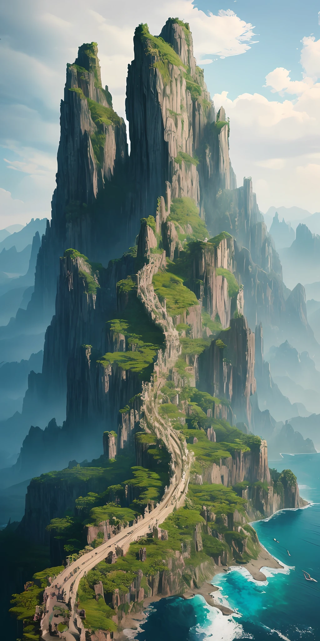 Masterpiece, best quality, high quality, extremely detailed CG unity 8k wallpaper, landscape, outdoor, sky, clouds, sky, no humans, mountain, landscape, water, tree, blue sky, waterfall, cliff, nature, lake, river , cloudy skies, award winning photography, bokeh, depth of field, HDR, bloom, chromatic aberration, photorealism, very detailed, trending on artstation, trending on CGsociety, intricate, high detail, dramatic, half way art