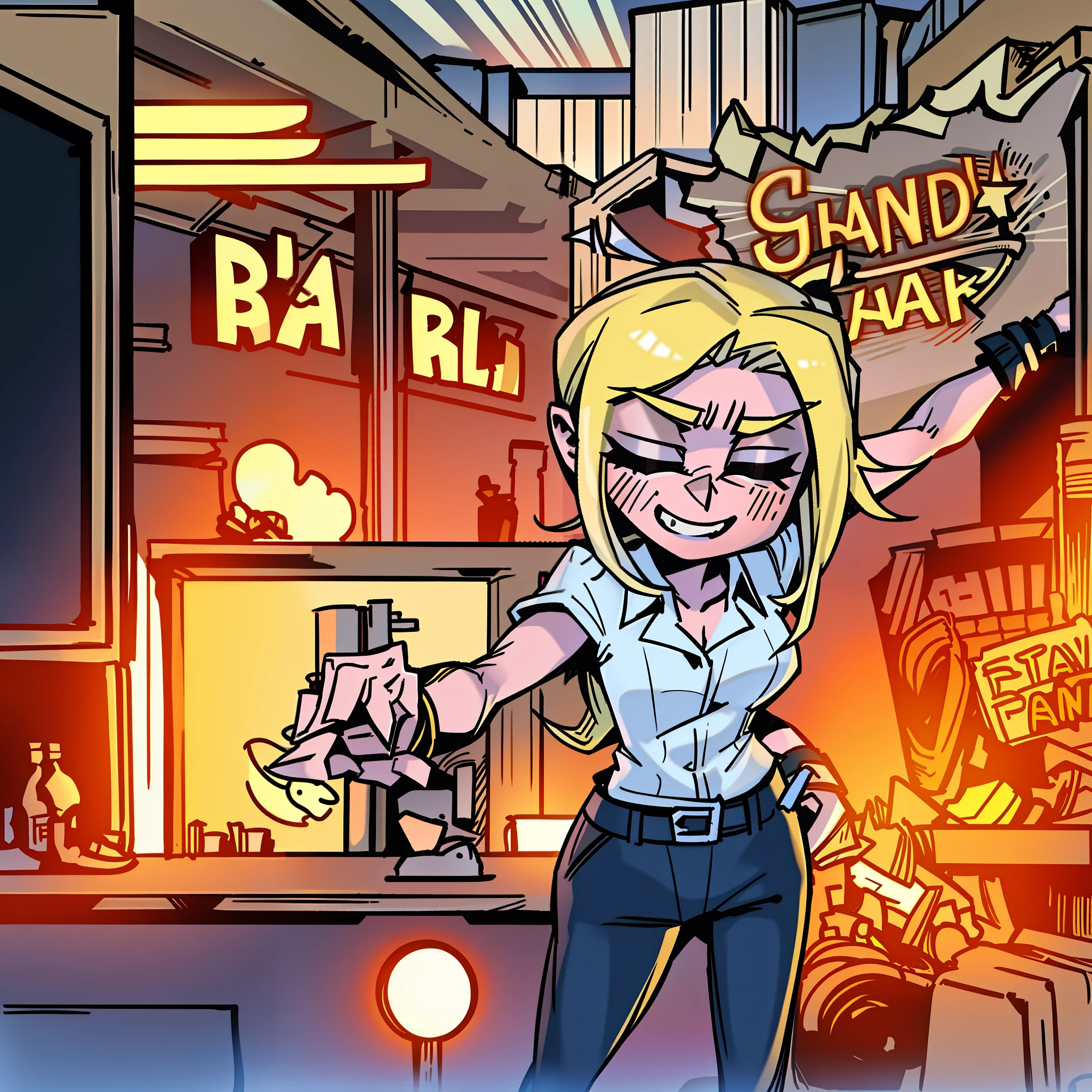 Blonde girl, work is busy, gnashing her teeth
