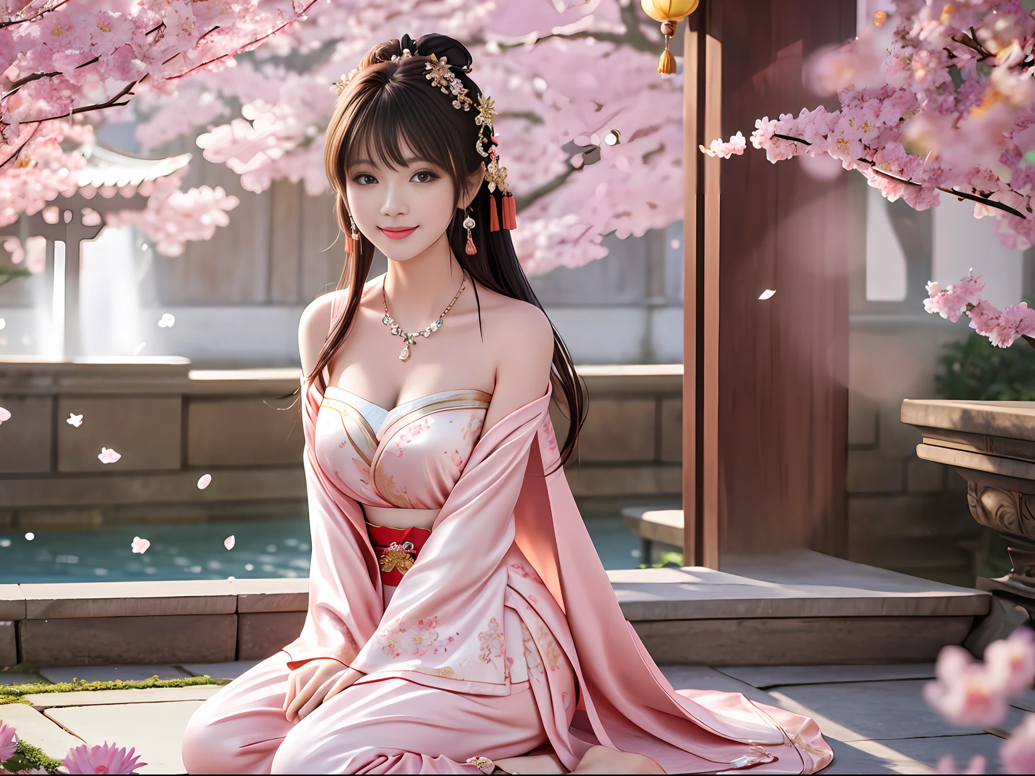 Excellent, masterpiece, high resolution, 8k, wallpaper, (((a girl)))), (((solo))), sitting on a stool, blush, star pupils, (realistic face), (high detail face), bright big eyes, (smile: 0.9), sweet smile, beautiful and delicate face, sexy body, (high detail skin: 1.2), Chinese hanfu, ((light red pajamas)), short skirt, leaky shoulders, bandeau, cleavage, big boobs, long hair, bangs, hair bun, detailed hair accessories, necklaces , jewelry, beauty, realistic, light edge, ancient courtyard, courtyard full of plum blossoms, 8k uhd, SLR, soft light, high quality, volumetric lighting, candid shot, photo, high resolution, 4k, background bokeh