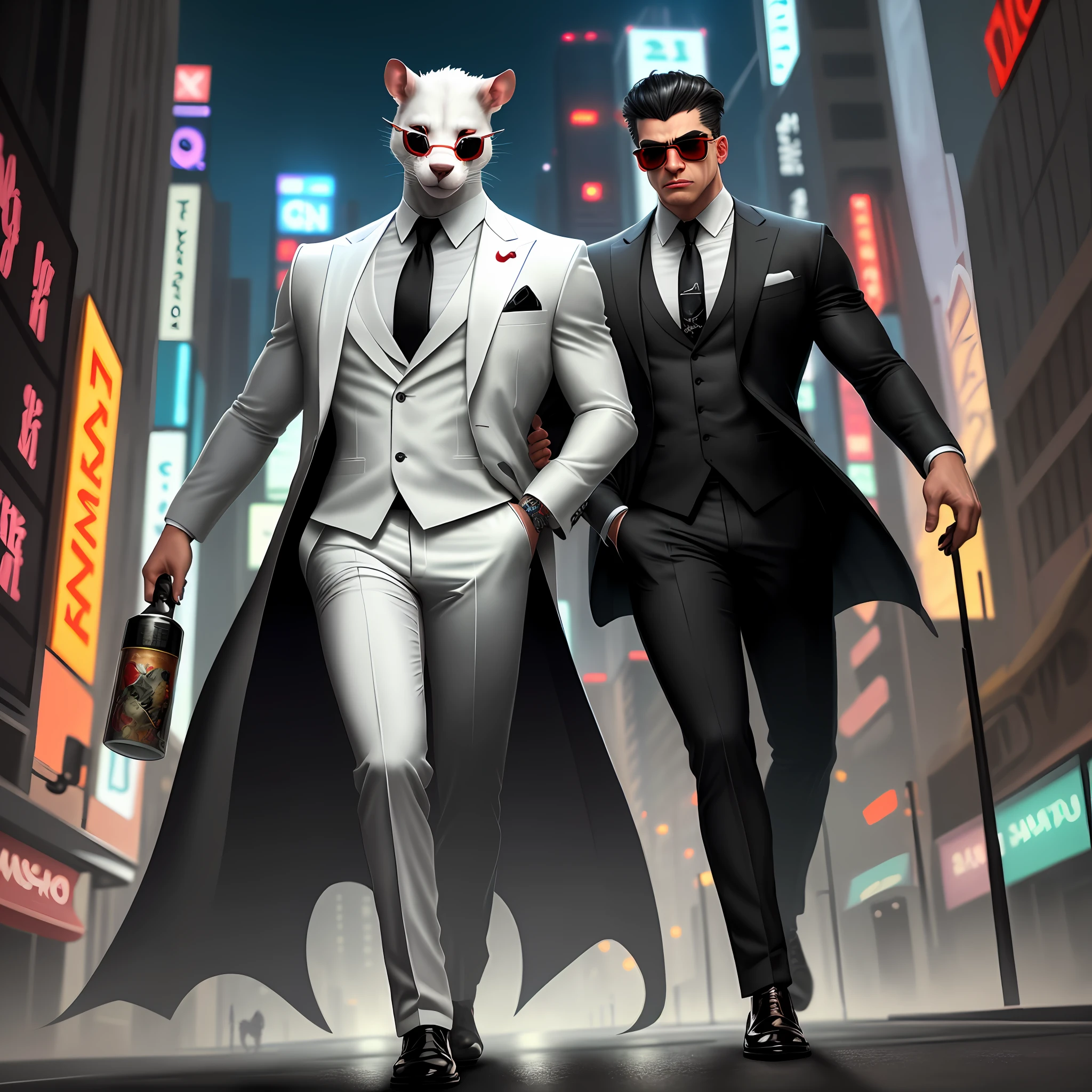((best quality)), ((ultradetailed)), ((masterpiece)), illustration, Scene structure: Animal anthropomorphic rats as poppers, gray rat faces and human bodies. (White suit: 1.5), hair is black, eyes are blood-red, expression is fierce, movements are exaggerated, he is muscular, wears exaggerated sunglasses, full body portrait. Behind you are tall buildings and neon flashes. Tip composition: rat gangster, animal anthropomorphism, tattooed body, muscular, cityscape, tall buildings, neon signs