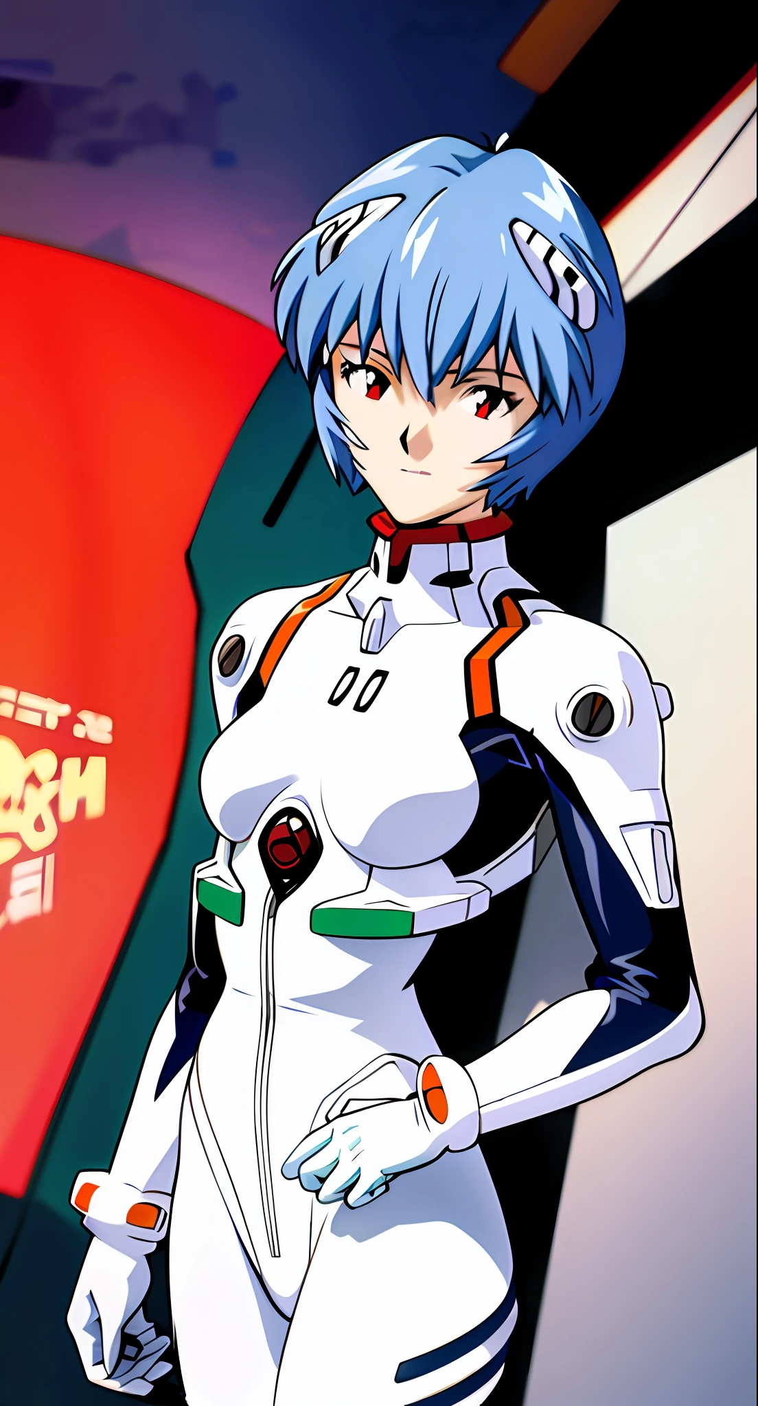 masterpiece, best quality, 1girl, ayanamirei, eva00plugsuit, headset interface, looking at viewfinder, light smile, city park, upper body, city, streets, walking naked,nsfw