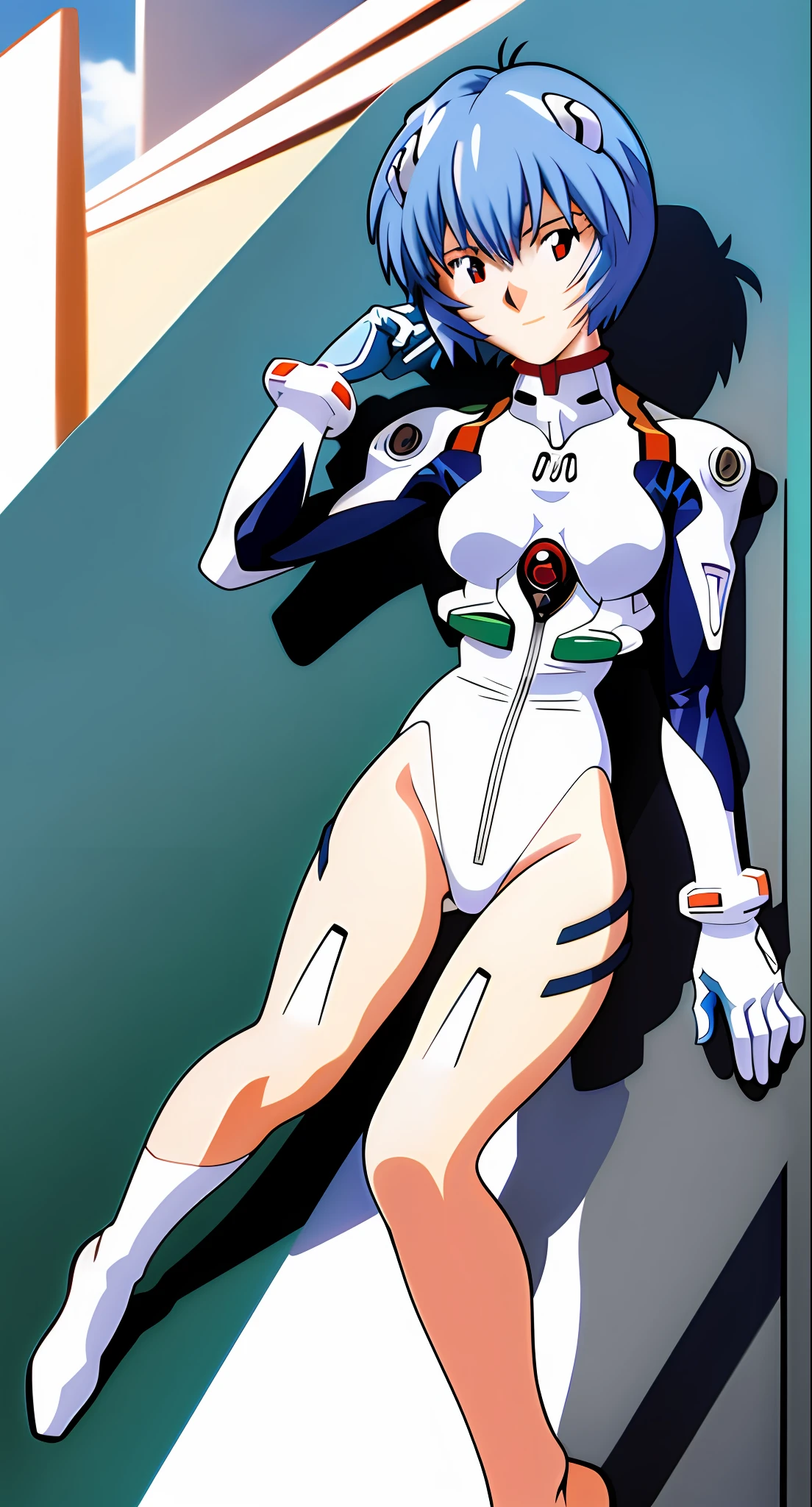 masterpiece, best quality, 1girl, ayanamirei, eva00plugsuit, headset interface, looking at viewfinder, light smile, city park, upper body, city, streets, walking naked,nsfw