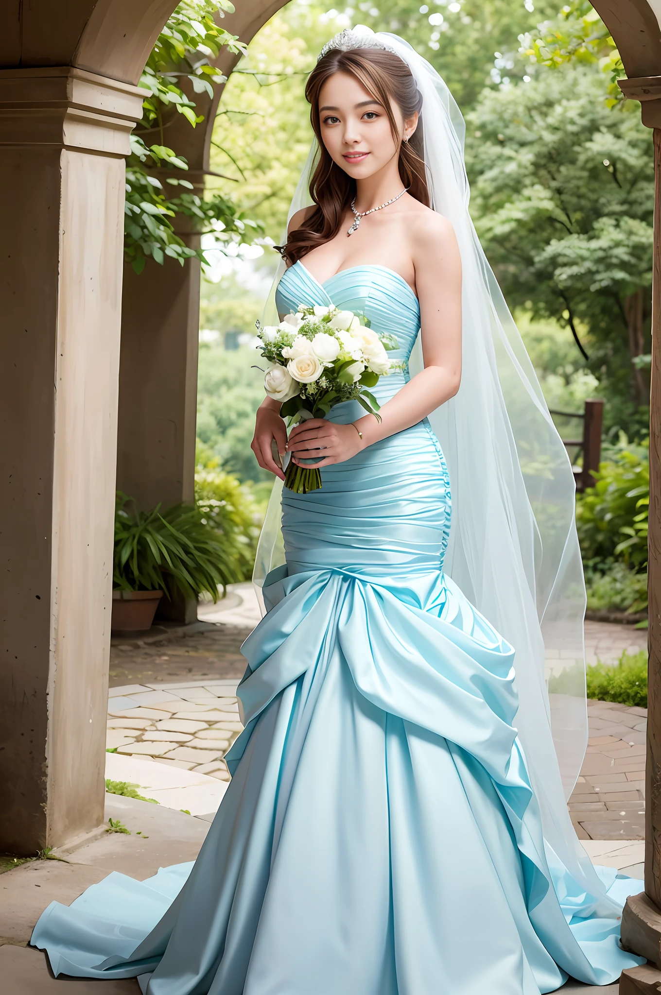 (top quality, masterpiece: 1.2), ranch with thoroughbreds, girls 28 years old, smiling, white wedding dress, dresses of the mermaid line (light blue bouquet: 1.3),