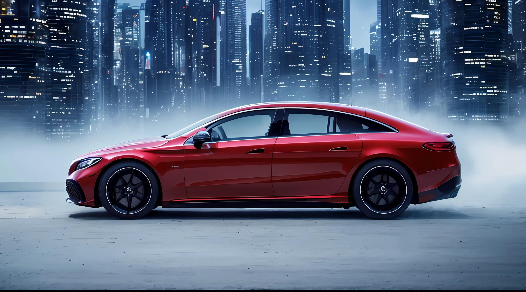 Mercedes ESQ, masterpiece, best quality, official art, extremely detailed CG unity 8k wallpaper, illustration, light, car, bright, motorcycle, ground vehicle, sports car, vehicle focus, road, Need for speed, moving, wet, (night, midnight: 1.5), cyberpunk, Tokyo, neon, drift,