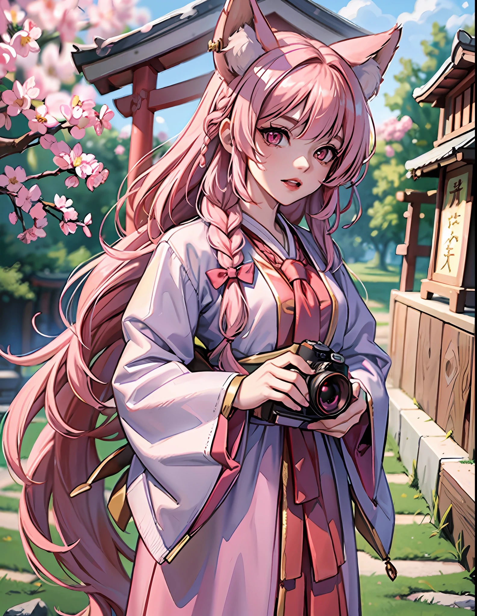 (masterpiece, high resolution, absurdres, perfect proportions, ultra detailed, 8k, perfect anatomy, detailed face, detailed eyes):1.2, ((holding a camera)), cameras, vintage camera, detailed lighting, realistic lighting, fox ears, pink fox tail, 1 girl:1.3, (pink hair, long hair, braided hair, golden eyes:1.3), (shrine maiden dress, shrine maiden outfit):1.2, towards camera:1.2,