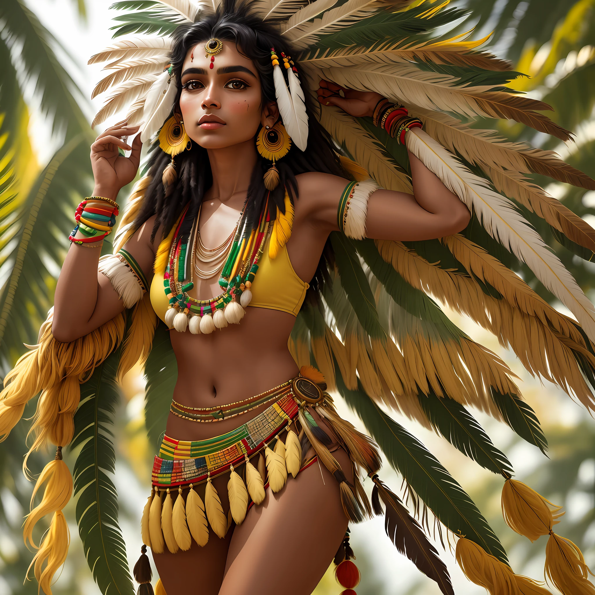 creates, the realistic face of a beautiful Brazilian Indian of 21 years, she wears feathers and little yellow and green clothing with many accessories an elegant classic style of wild opening with aesthetic vibrations inspired by the Brazilian Indians with accessories, high resolution, photographed with Canon EOS R5 camera with standard lens to capture, high quality photography, dromastic lighting, 8k