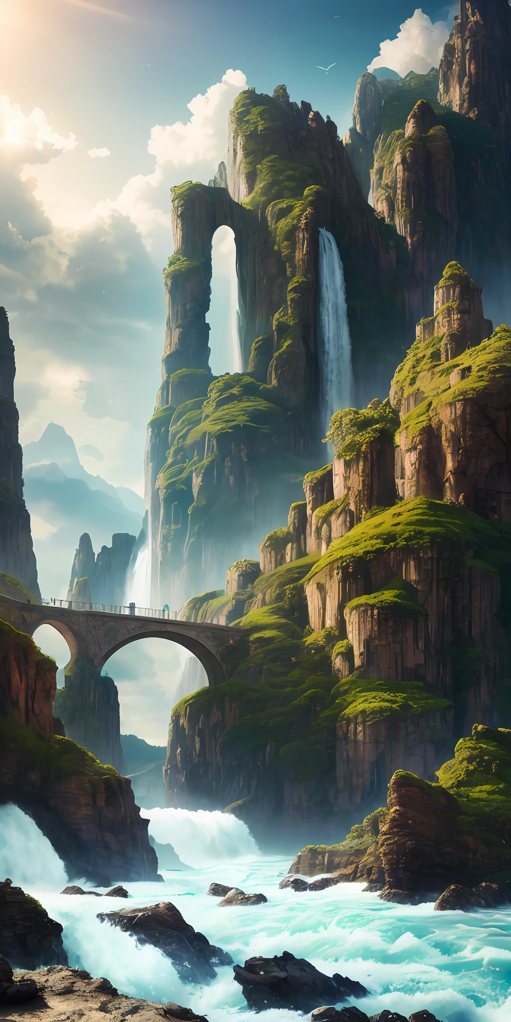 Masterpiece, best quality, high quality, extremely detailed CG unity 8k wallpaper, landscape, outdoor, sky, clouds, sky, no humans, mountain, landscape, water, tree, blue sky, waterfall, cliff, nature, lake, river , cloudy skies, award winning photography, bokeh, depth of field, HDR, bloom, chromatic aberration, photorealism, very detailed, trending on artstation, trending on CGsociety, intricate, high detail, dramatic, half way art