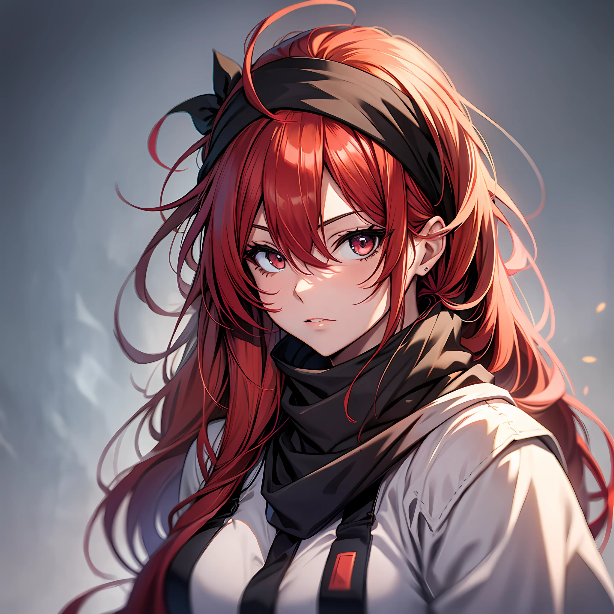 Anime-style girl, long red hair, ragged hair, black bandana