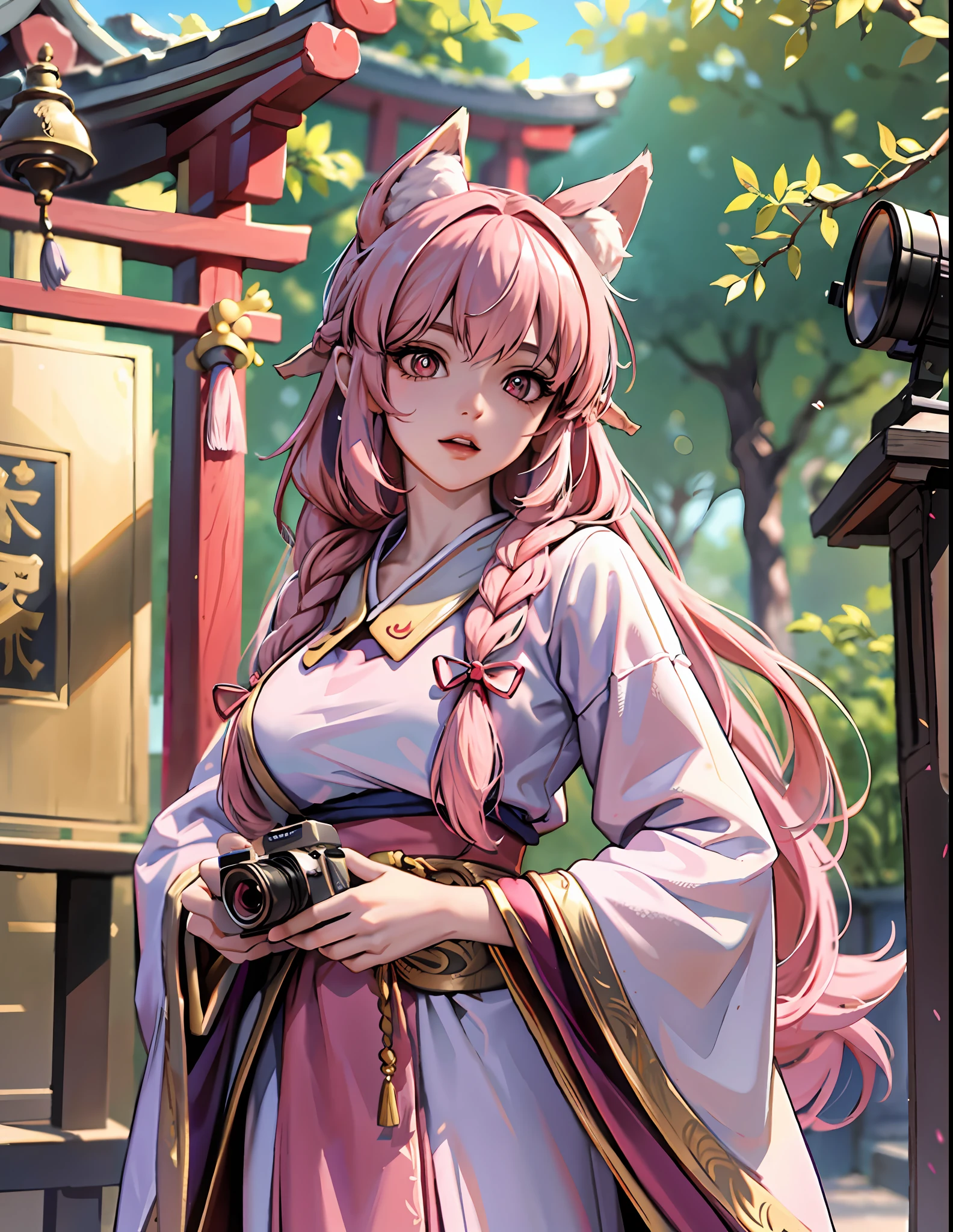 (masterpiece, high resolution, absurdres, perfect proportions, ultra detailed, 8k, perfect anatomy, detailed face, detailed eyes):1.2, ((holding a camera)), cameras, vintage camera, detailed lighting, realistic lighting, fox ears, pink fox tail, 1 girl:1.3, (pink hair, long hair, braided hair, golden eyes:1.3), (shrine maiden dress, shrine maiden outfit):1.2, towards camera:1.2,