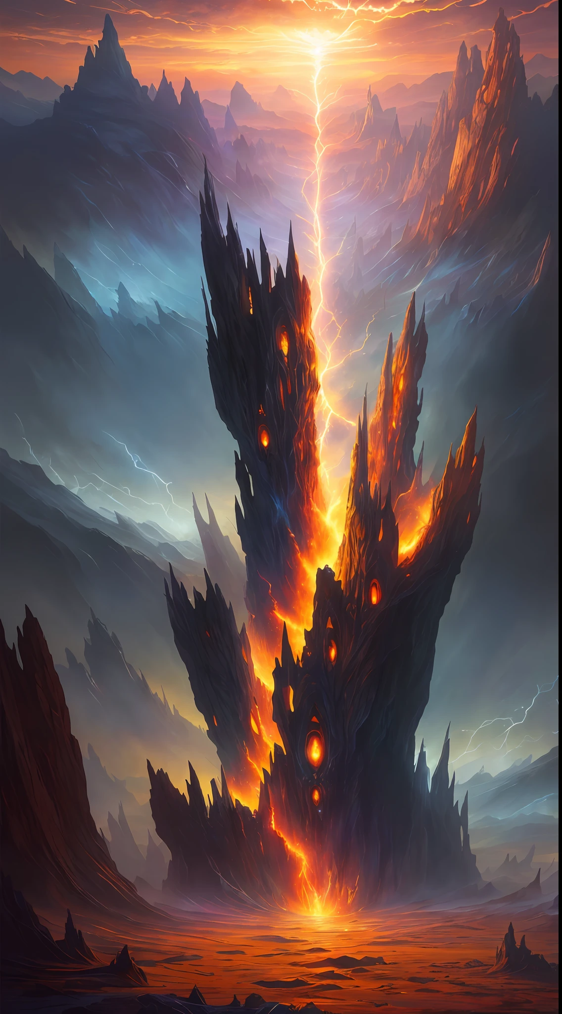 (Masterpiece, Best Quality: 1.2), Illustration, 8k Wallpaper, Dazzling, (), (Blue River of Fire), (Magic Energy: 1.1), (Floating Shards: 1.05), (Mysterious Environment: 1.05), (Armobanid: 1.05), (Glowing Third Eye: 1.1), (Glare: 1.05), (Lighting: 1.05), (Fantasy: 1.15), (Surreal: 1.1), (Mysterious: 1.05), (Funny: 1.05), (Ethereal :1.08), (mystical:1.1), (cosmic:1.05), (interdimensional:1.1), (unearthly:1.05), (spellbinding:1.1), (unforgettable:1.05), (fantasy art: 1.1), (Digital Art: 1.05), (Magical Realism: 1.08), (Epic: 1.1), (Conceptual Art: 1.05), (Highly Detailed: 1.1), (Cinema: 1.05), (Surrealism: 1.05), (Mysterious: 1.05), (Amazing: 1.1), (Andrei Surnov: 1.05), (Incomprehensible: 1.1), (Glamorous: 1.05), (Unbelievable: 1.05), (Otherworldly Landscapes: 1.1), (Breathtaking: 1.05 ), (Incredible: 1.05), (Open Door: 1.05) There is a glowing aura, epic fantasy digital art style, 4K fantasy art, epic fantasy art, epic fantasy digital art, epic fantasy science fiction illustration, fractal thunder damang fantasy epic digital art, 8K fantasy art, epic fantasy art style HD This painting uses a desert scene rendered in warm colors, a gravel road in the twilight, and a fiery red sun is slowly setting behind the mountains. The sand seems to be lit by the afterglow left by the sun and the color of the flame lit at parting, taking on a brilliant color that is confusing. The painting seems to interpret the charm of nature and the original beauty.