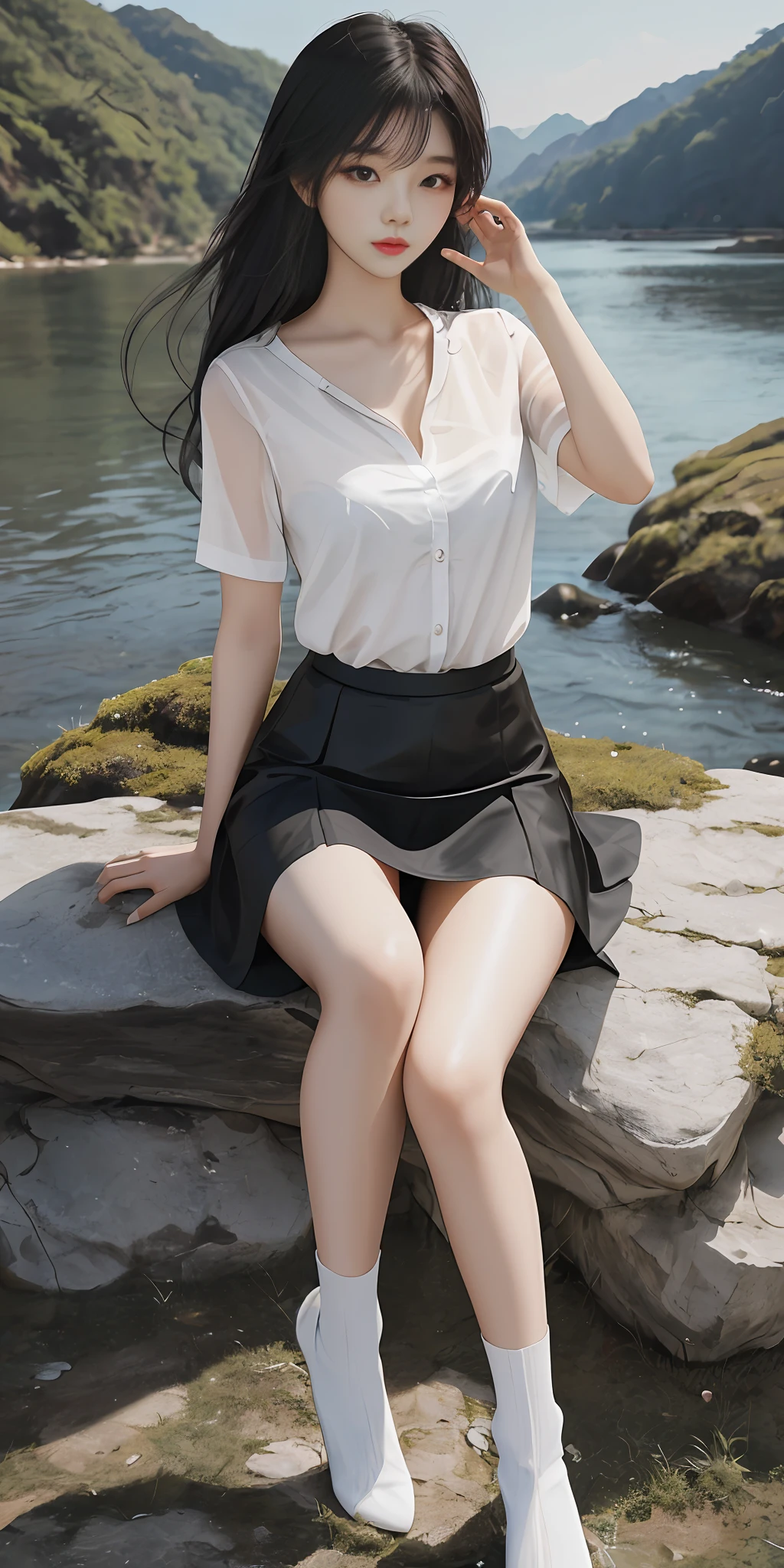 there is a woman sitting on a rock near a body of water, attractive pose, korean women's fashion model, korean girl, sitting near a river, gorgeous young korean woman, wearing skirt, gorgeous chinese model, hot with shining sun, on a rock, photo of slim girl model, sitting on a rock, short black skirt, beautiful south korean woman