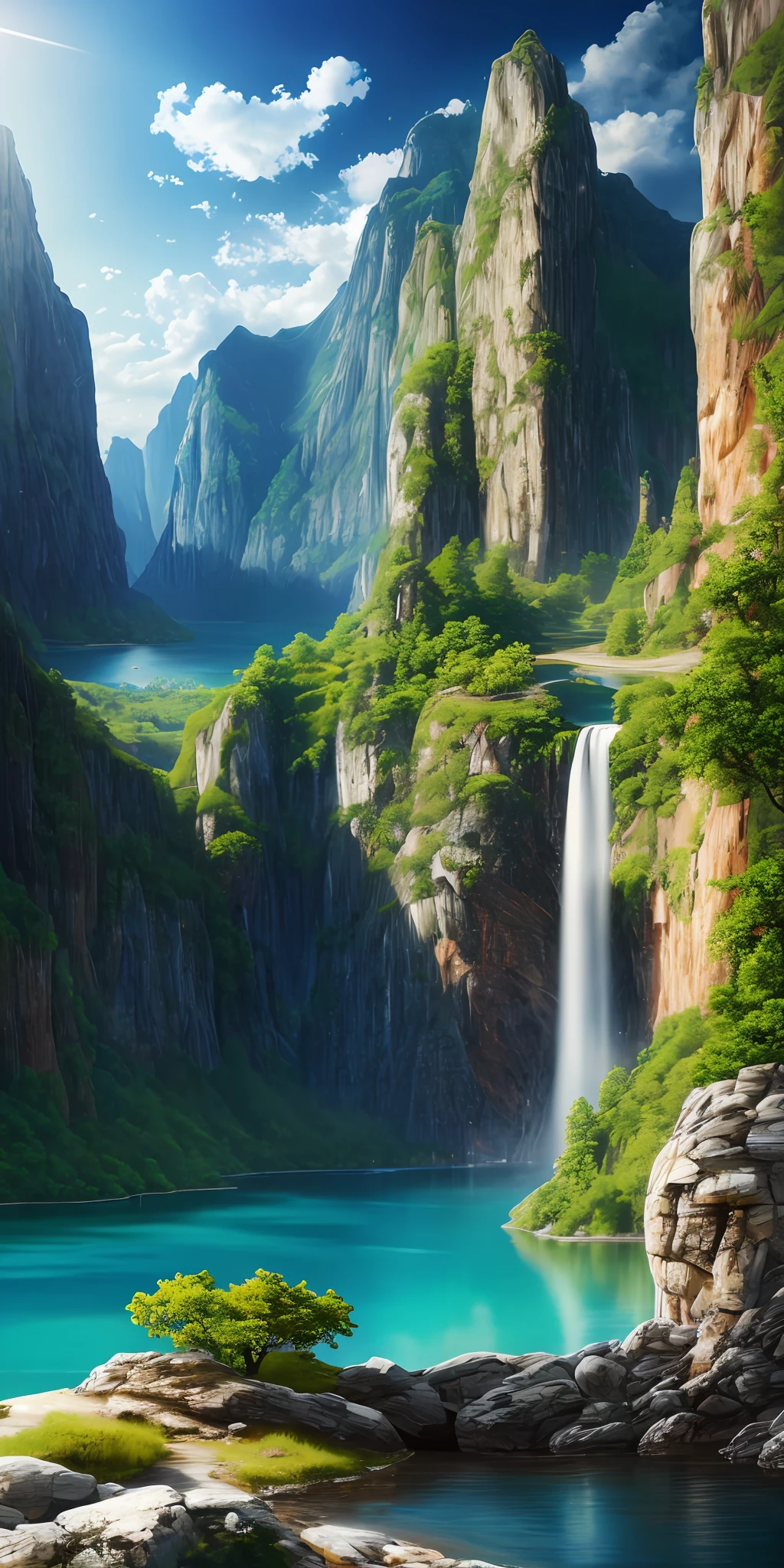 Masterpiece, best quality, high quality, extremely detailed CG unity 8k wallpaper, nature, tranquility, blue sky, clouds, mountains, trees, waterfalls, cliffs, lakes, rivers, cloudy sky, depth of field, HDR, realism, very detailed, intricate, high detail, dramatic, midway art.