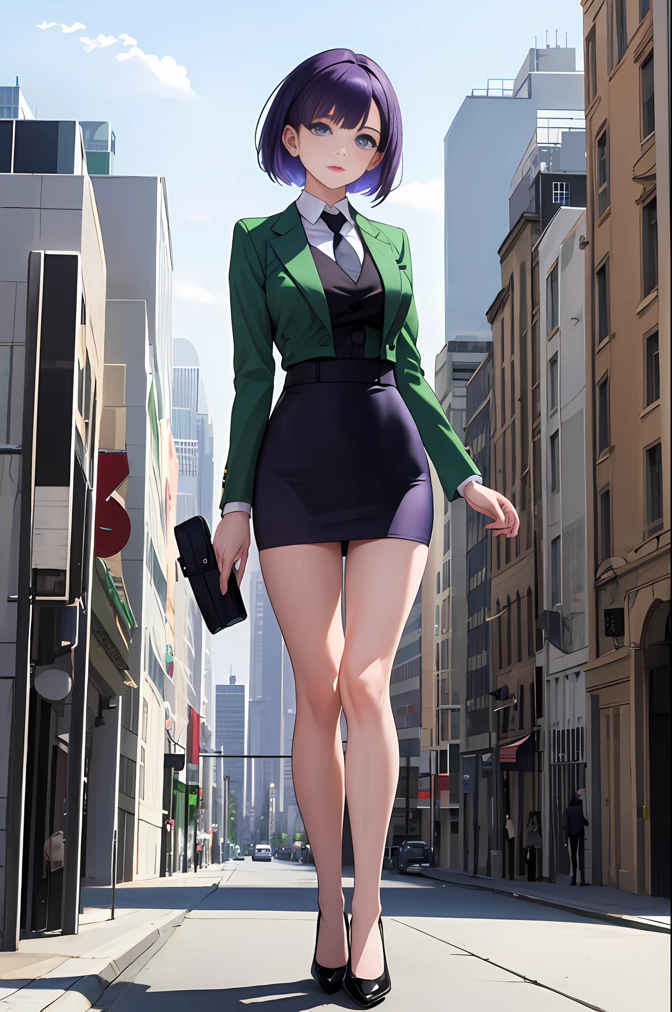 ((masterpiece)), ((best quality)), highres, 1girl, solo, green suit and tie, pencil skirt, miniskirt, bare legs, matching shoes, looking at viewer, city backdrop, perfect hands, perfect eyes, perfect leotard, perfect legs, perfect arms, perfect fingers, medium breasts, standing, purple hair, short hair, bob hair, blue eyes, standing, (full body),