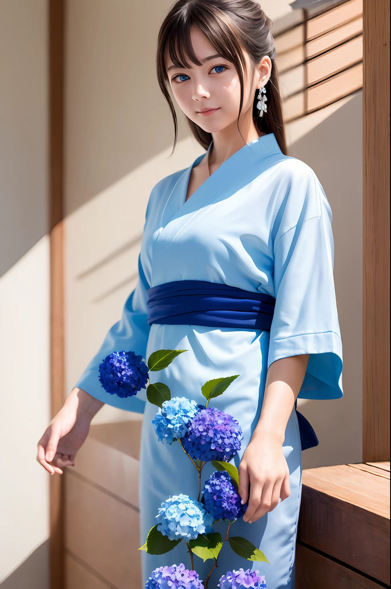 ((masterpiece, top quality, super definition, high definition)), solo, beautiful girl, shining eyes, perfect eyes, blue eyes, 16 years old, silver theme, yukata, hydrangea
