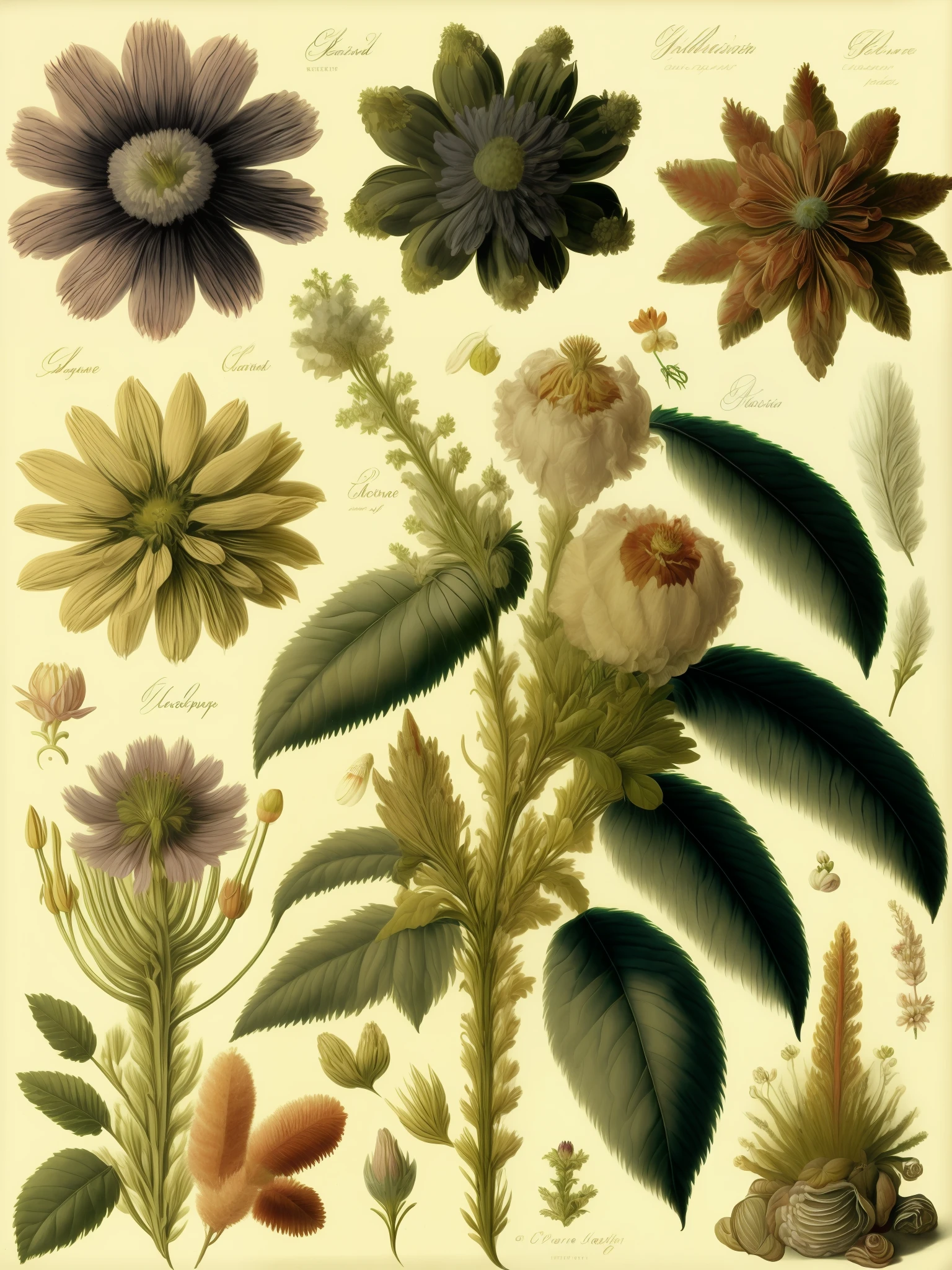 different types of flowers with footer, names and descriptions, botanical illustration, white background, style of Pierre-Joseph Redoute